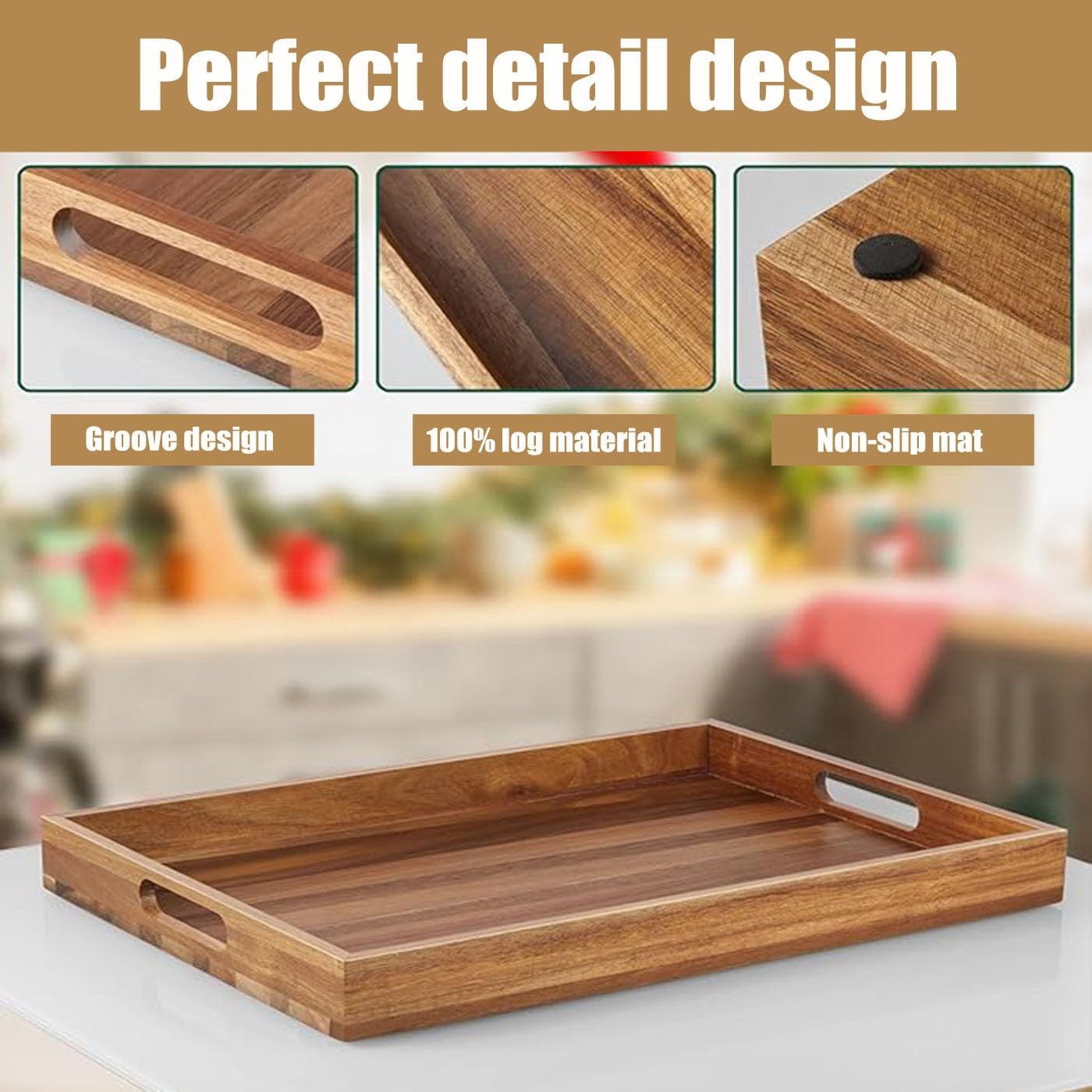 17in Acacia Wood Serving Tray with Handles