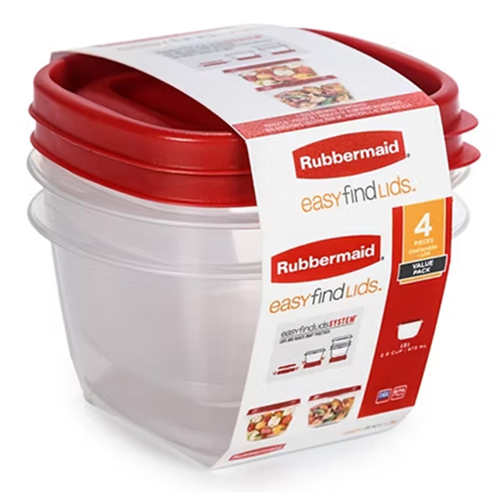 Rubbermaid Easy Find Lids Food Storage Containers, 2 Cup, Racer Red, 4-Piece Set