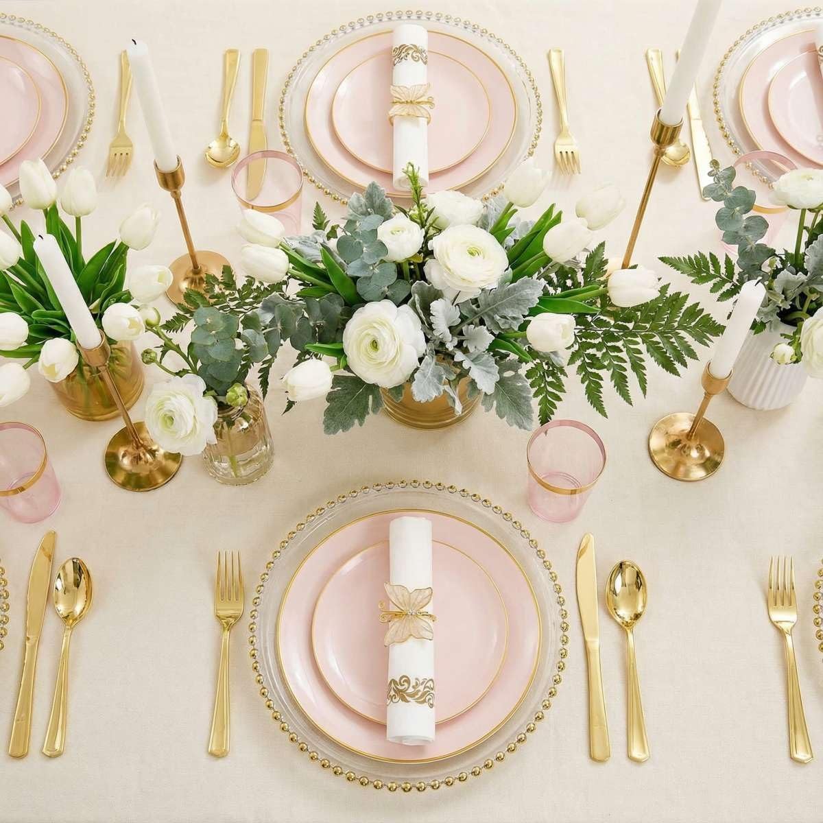 210Pcs Plastic Pink Plates with Gold Plastic Silverware Set Include 30Pink