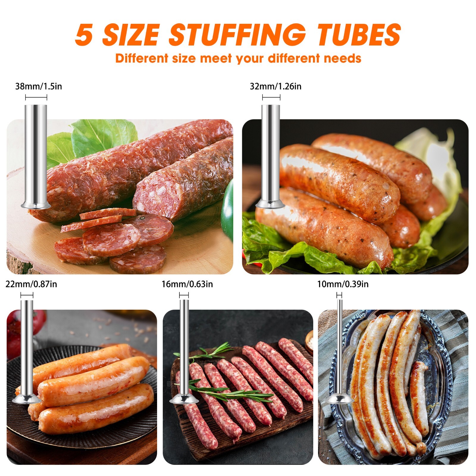 Hakka 5 Sizes Stuffing Tubes for Sausage Stuffer Stainless Steel Filling Funnels