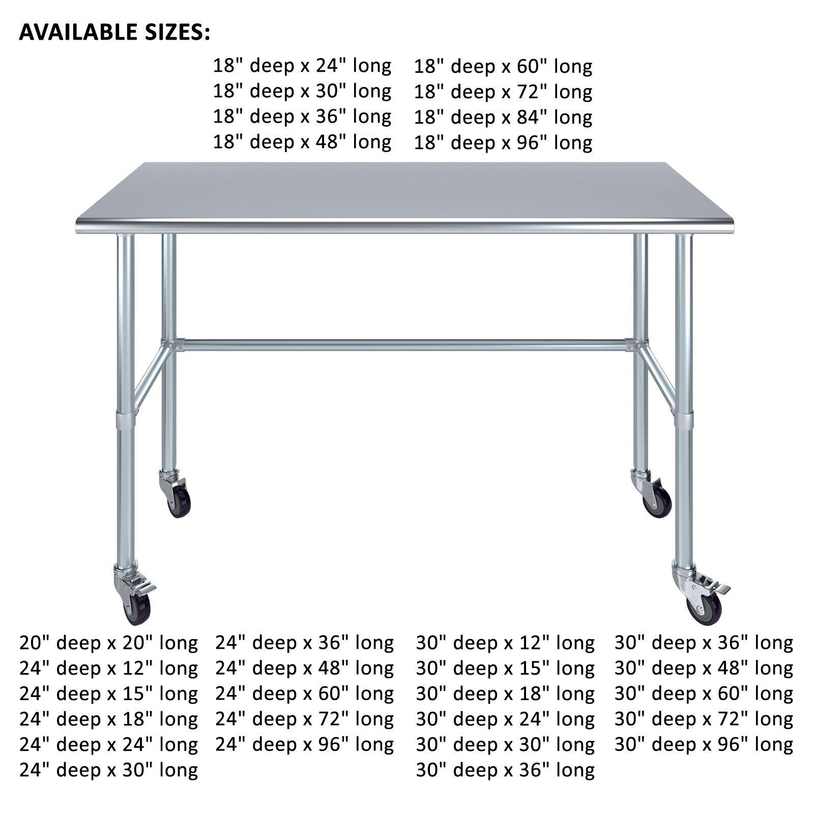 Stainless Steel Work Table with Open Base and Wheels | Mobile Utility Table