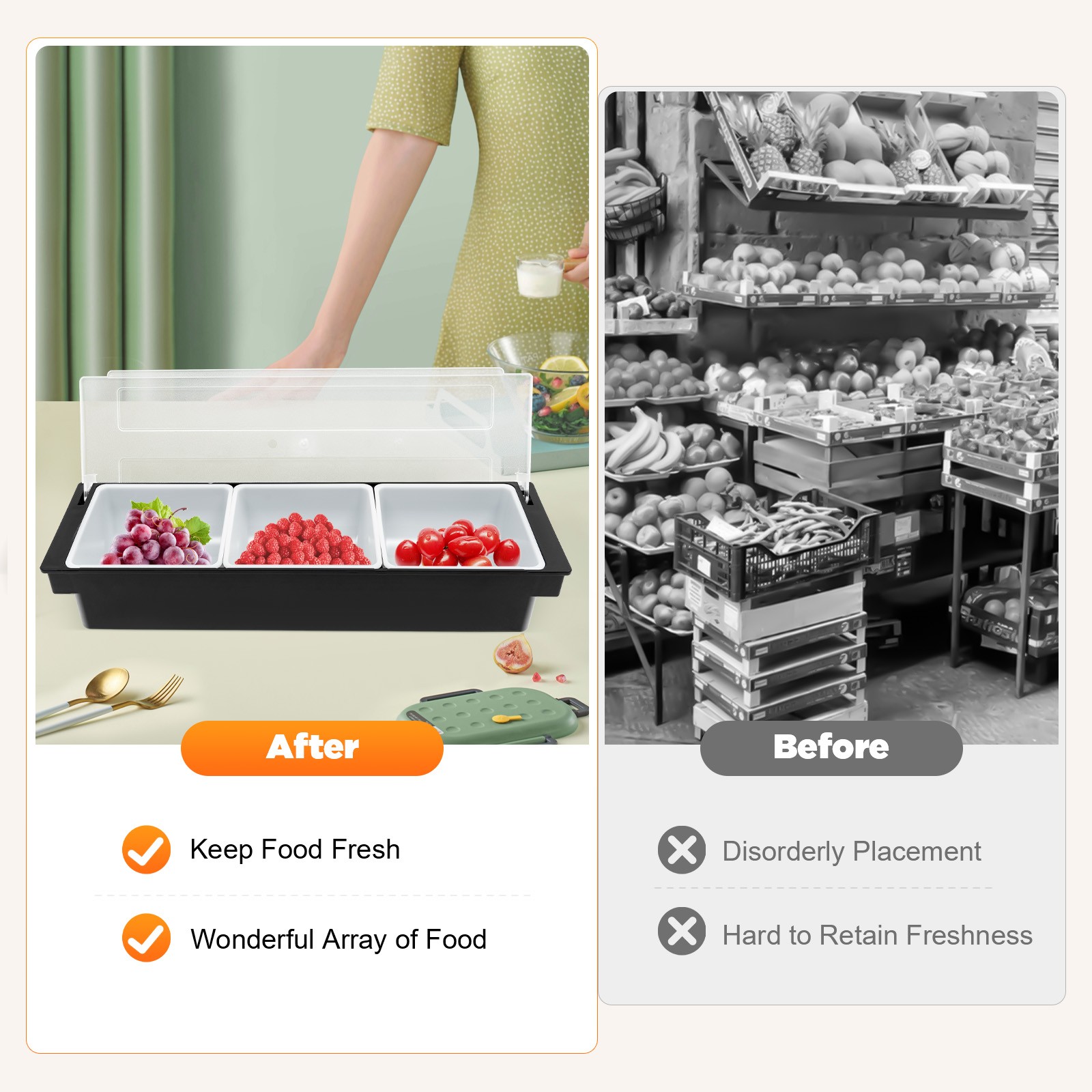 3/5 Compartments Condiment Dispenser Chilled Server Caddy Food FruitSalad Tray