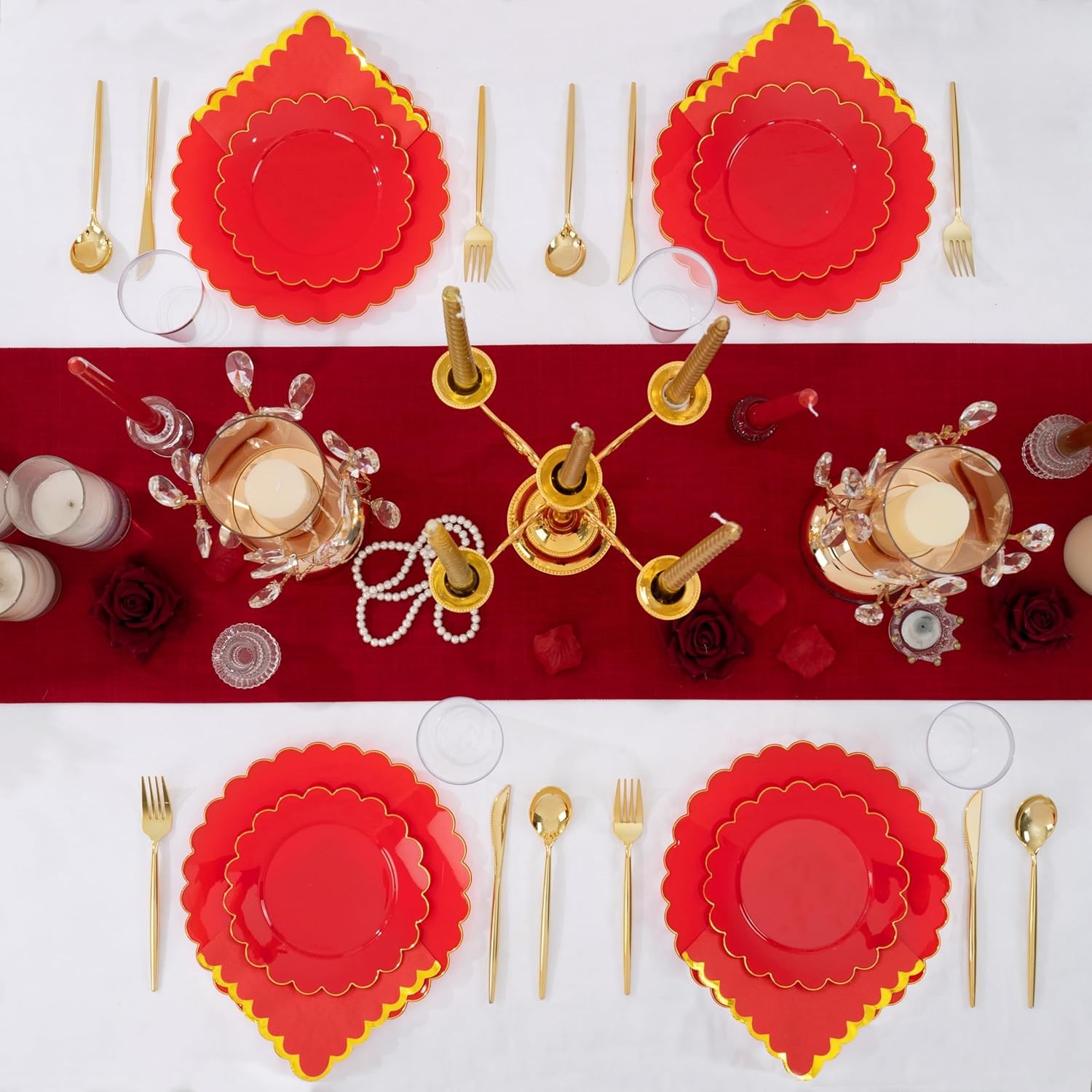 LIYH 210 Pcs Red Plastic Plates – Red Disposable Plates and Napkins Set, Gold