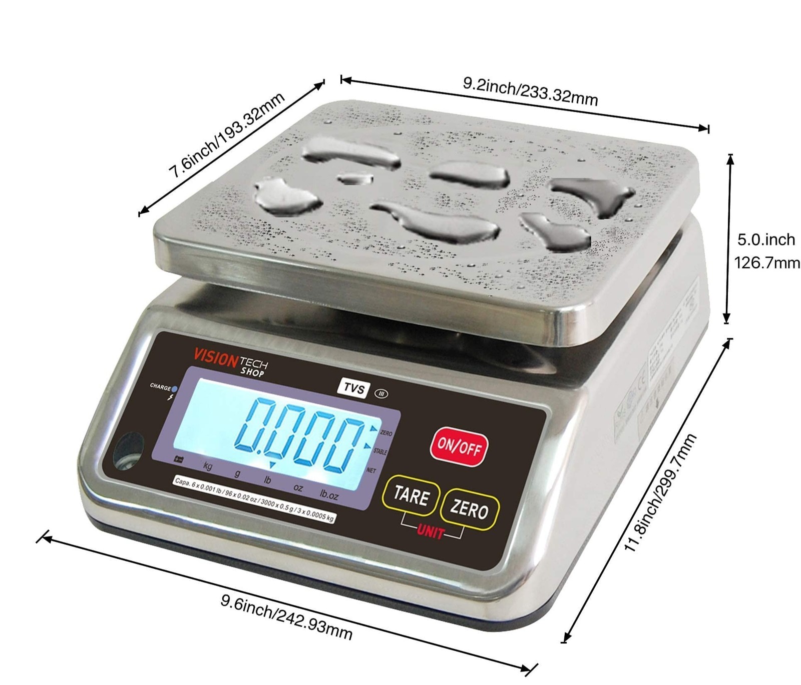 VisionTechShop TVS Portion Control Stainless Steel Washdown Scale, Lb/Oz/Kg/g…