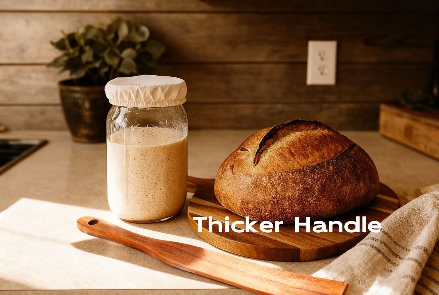 Thick Handle Wood Spurtle for Sourdough Starter, Sour Dough Tool Mixing Stir, So