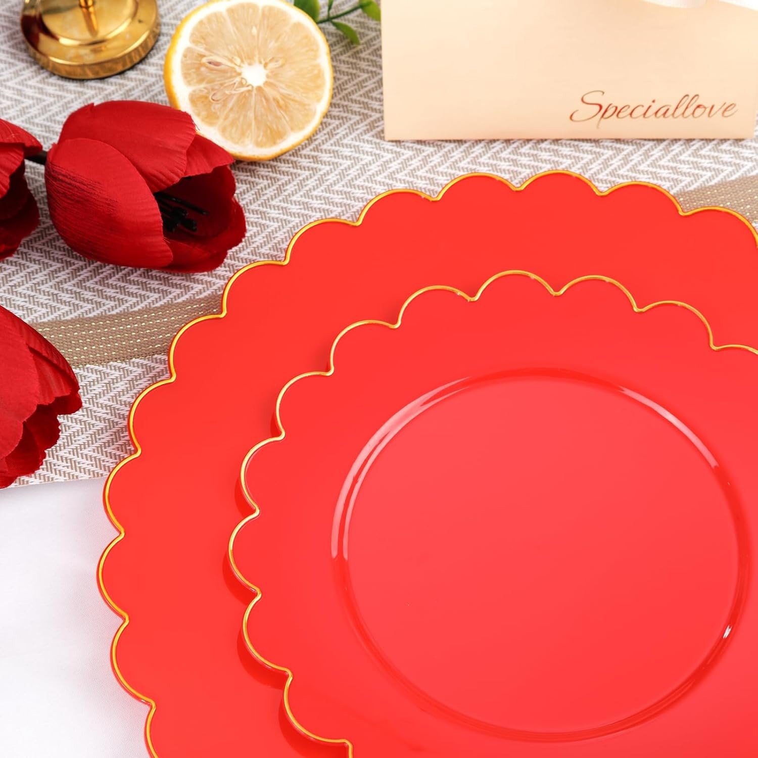 LIYH 210 Pcs Red Plastic Plates – Red Disposable Plates and Napkins Set, Gold