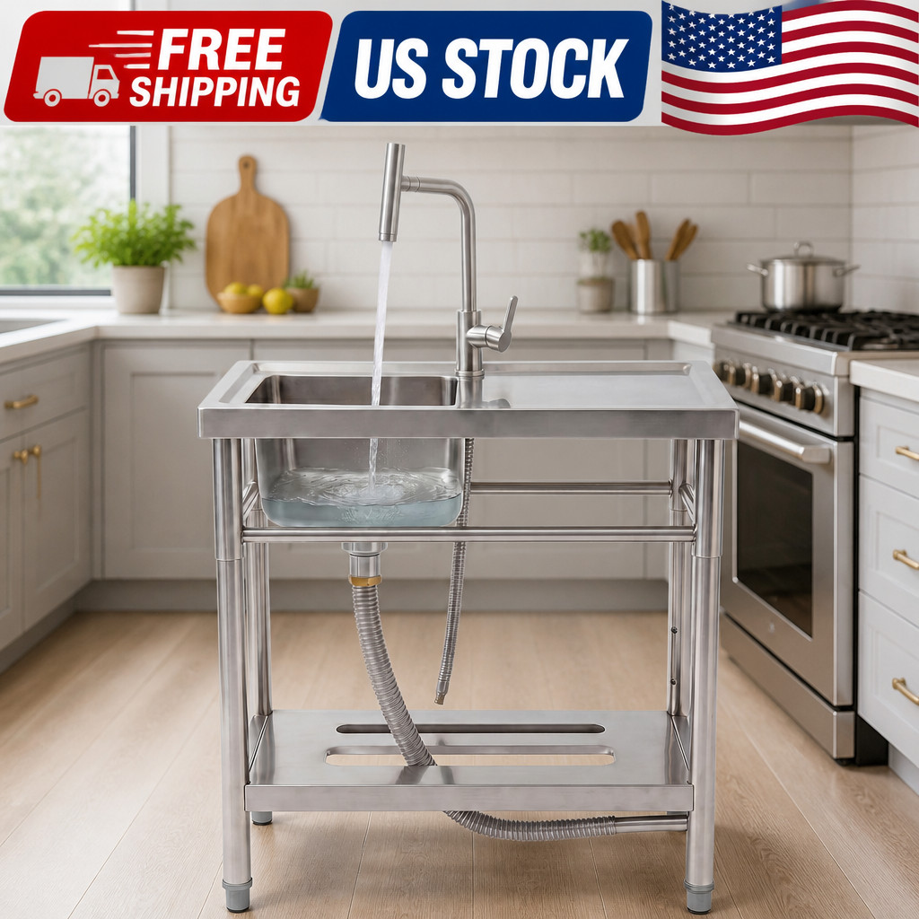 Steel Utility Sink with Hot & Cold Pull-Out Faucet, Large Stainless Freestanding