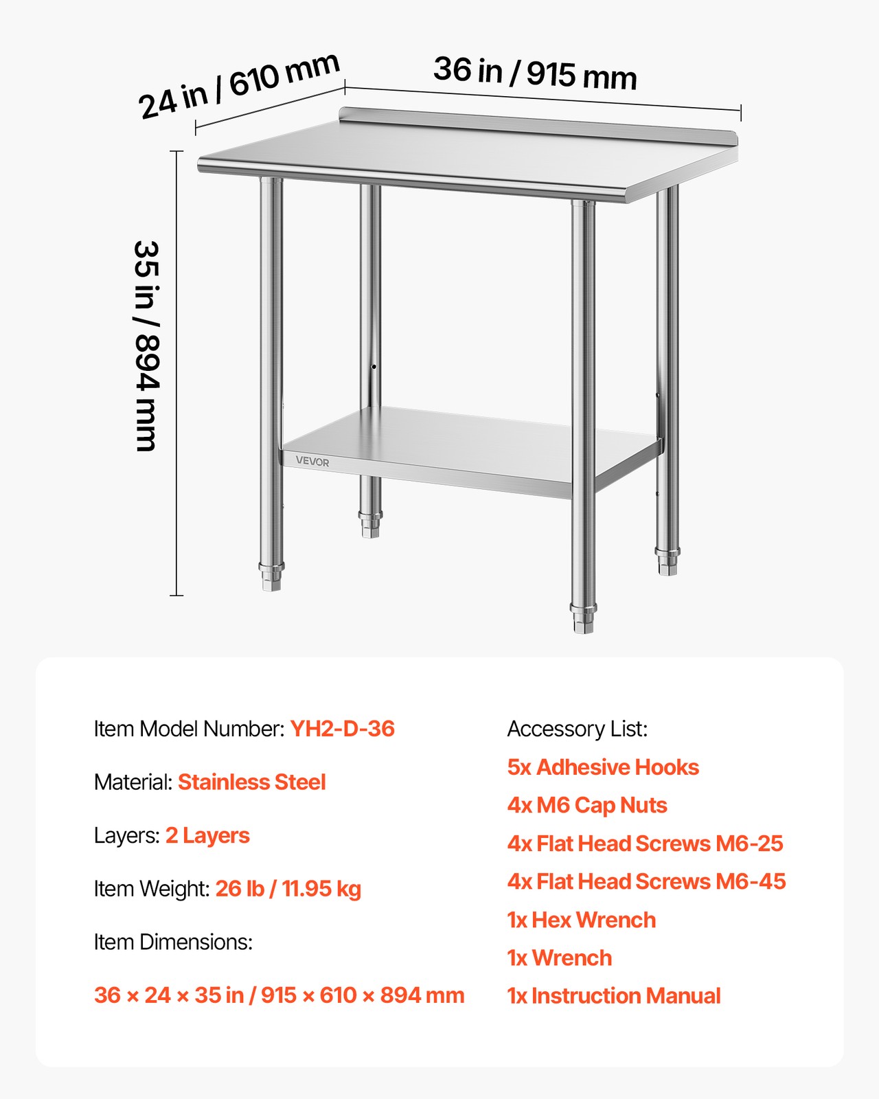 VEVOR Commercial Stainless Steel Table Kitchen Catering Prep Table 24×36 Inch