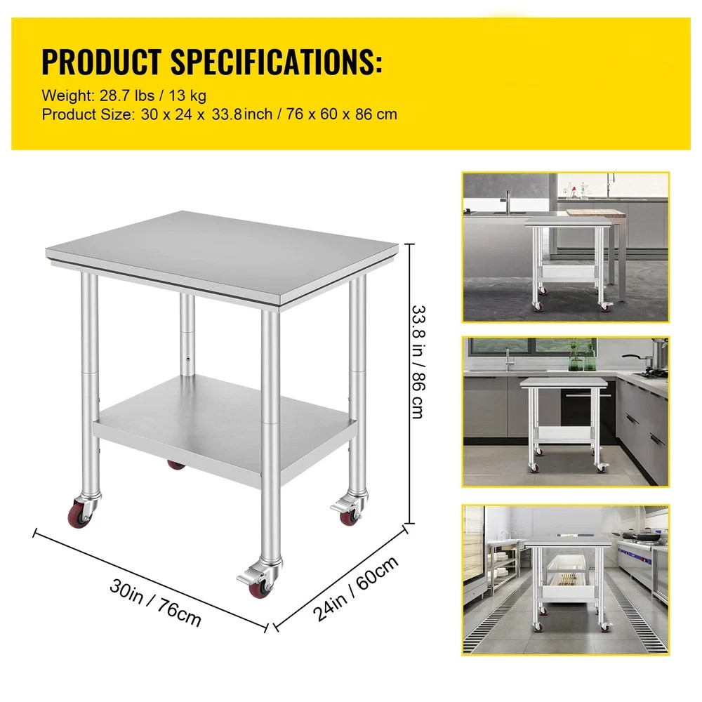 Uimoso Rolling Stainless Steel Work Table 30″x24″ Cart + Casters Undershelf