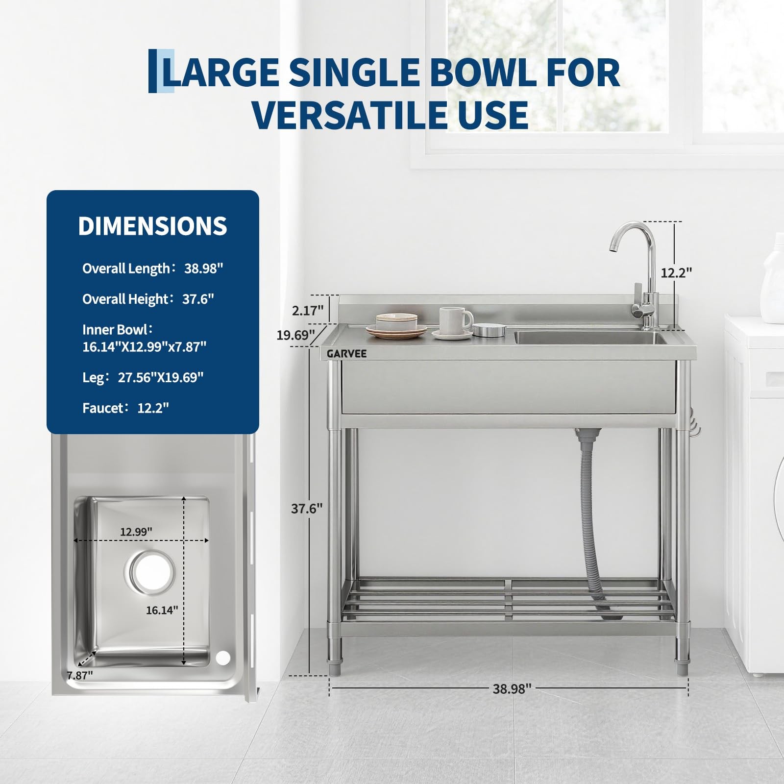 39»x20»x37» Stainless Steel Utility Sink Freestanding Single Bowl with Faucet
