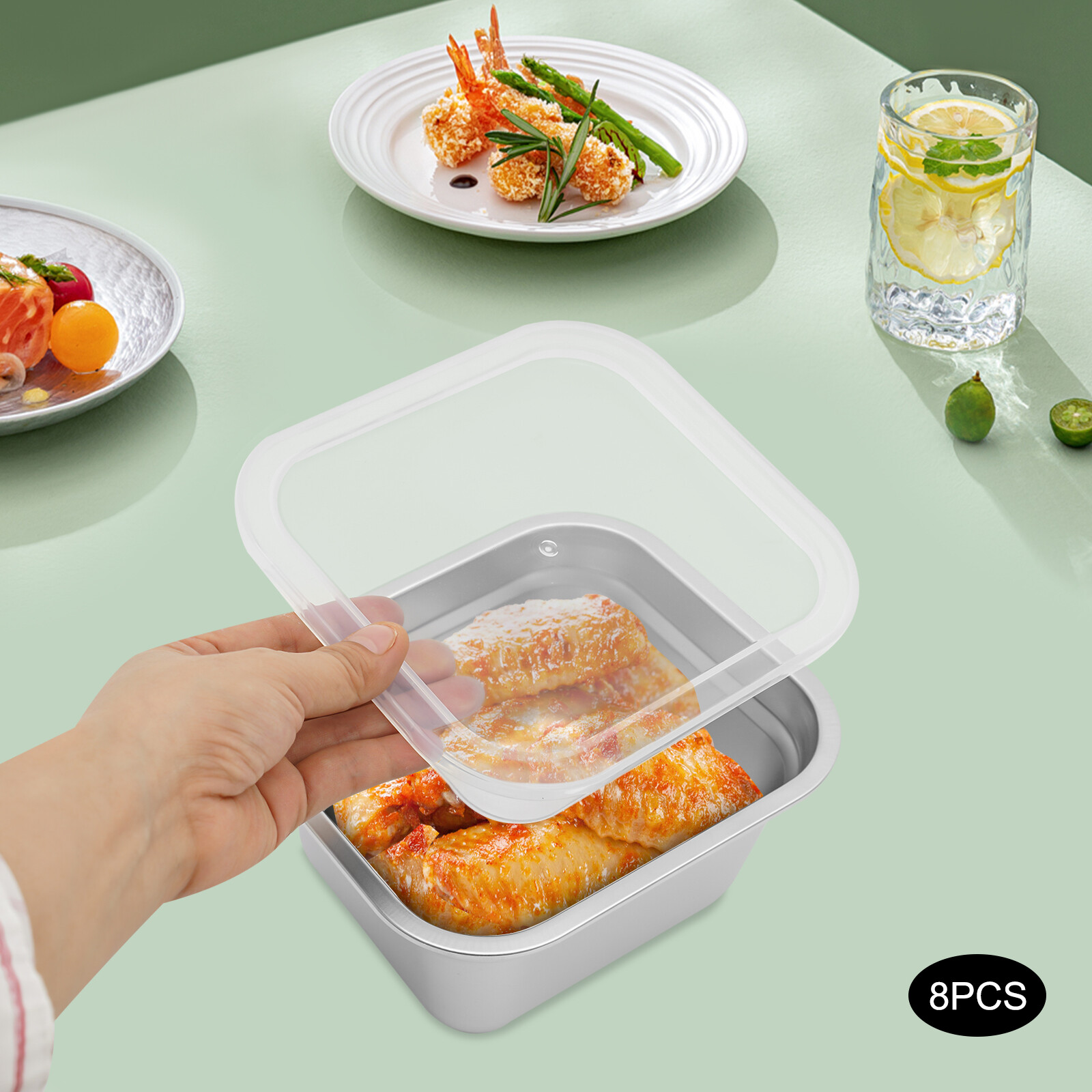8 Pack Stainless Steel, PP Pans with Lids Hotel Food Prep Pan Silver Hotel Pans