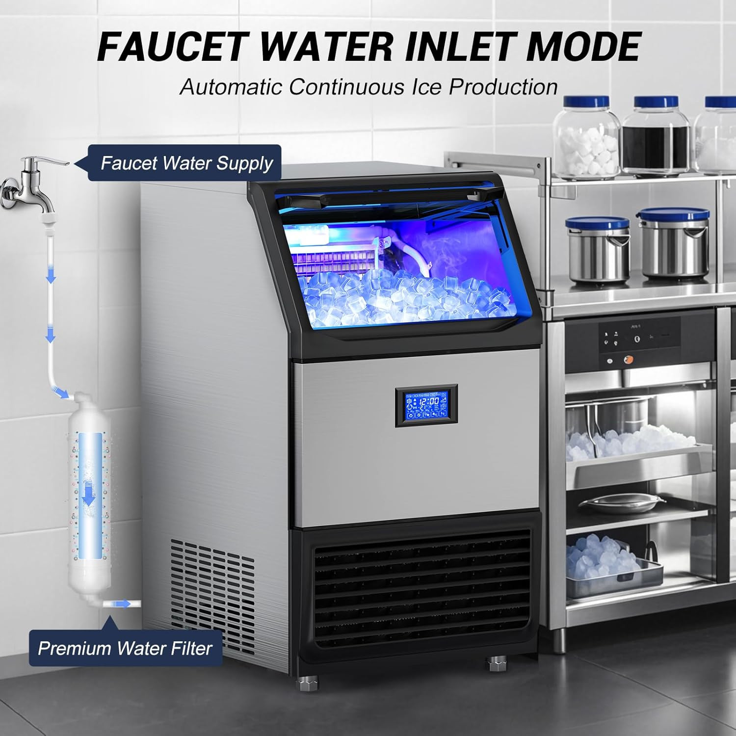 450Lbs/24H under Counter Commercial Ice Machine with 160LBS Large Storage Bin, S