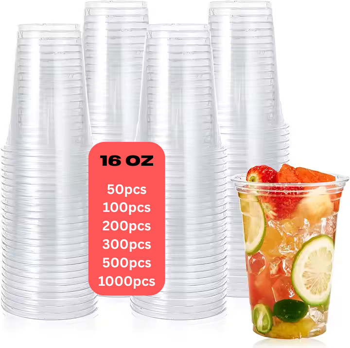 Unicup 16 OZ Clear Plastic PET Cups with Flat Lids