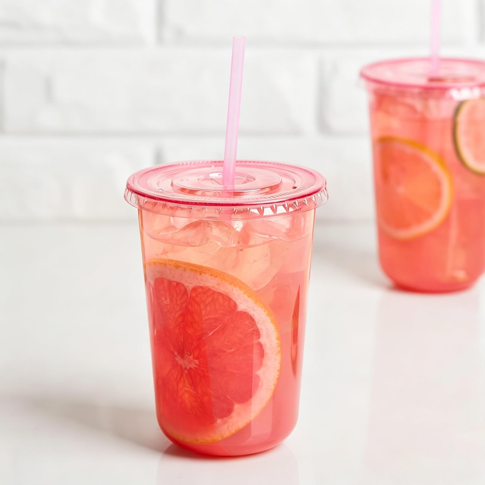 [100 Sets – 16oz Round Bottom Pink Plastic Cups with Lids and Straws, Disposa…