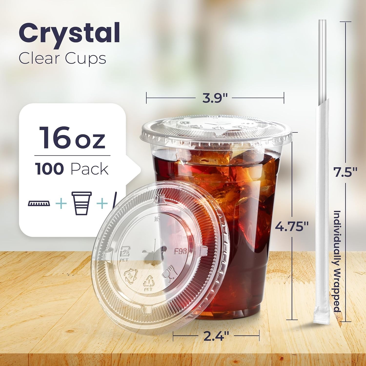 Disposable Clear Cups – 100 Count 16 oz with Flat Lids