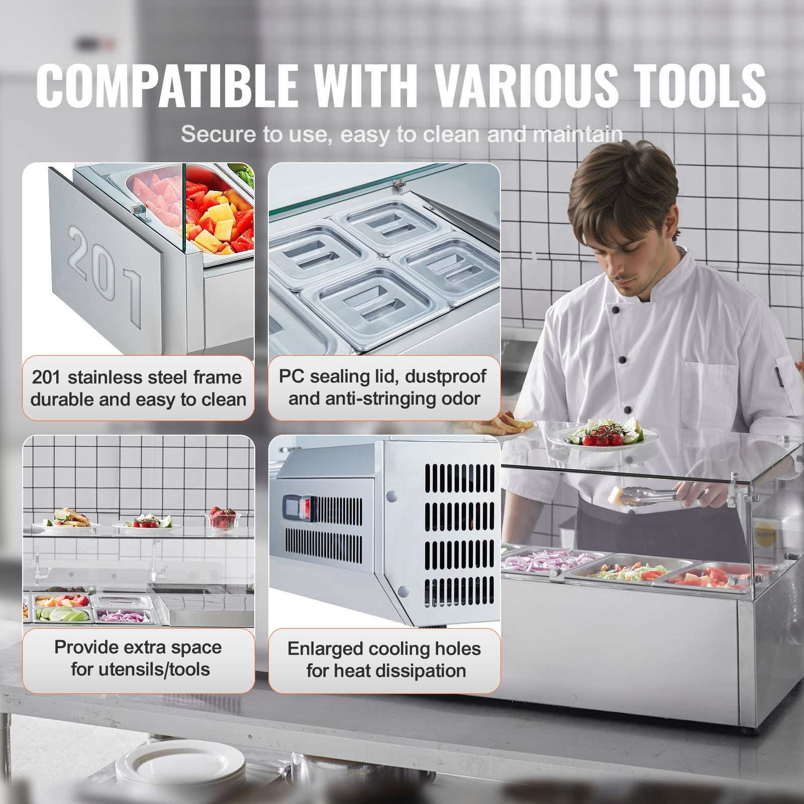 VEVOR Countertop Refrigerated Salad Pizza Prep Station 140 W Glass Guard ETL