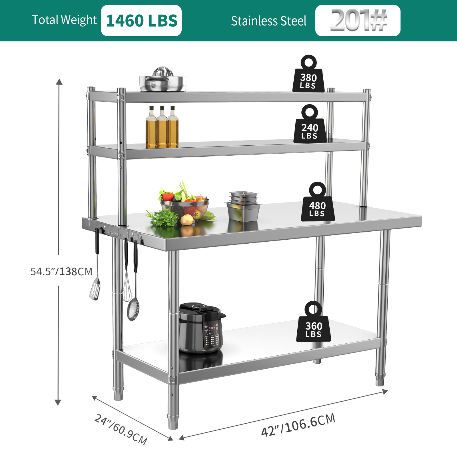 Stainless Steel Work Table with Overhead Shelf, 42″ x 24″