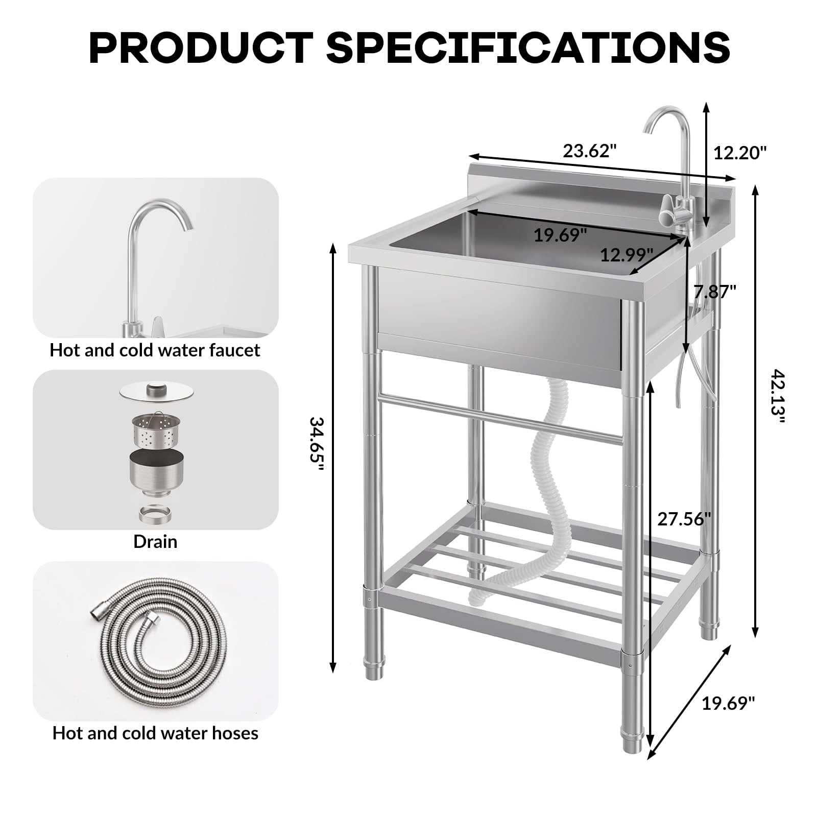 Stainless Steel Utility Sink Free Standing Single Bowl Commercial Kitchen Sink
