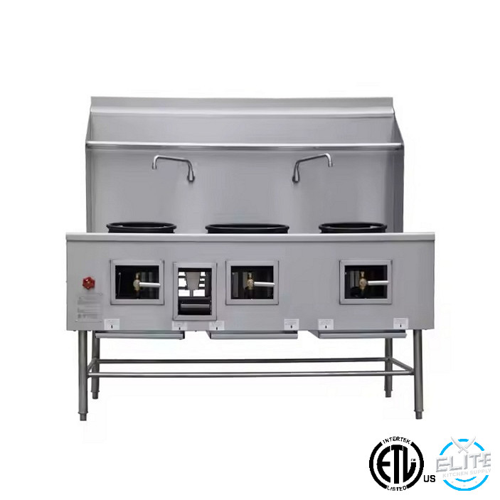 3 Burners 68″ W Chinese Wok Range Mandarin Stove W/ Waterfall Natural Gas 3 Hole