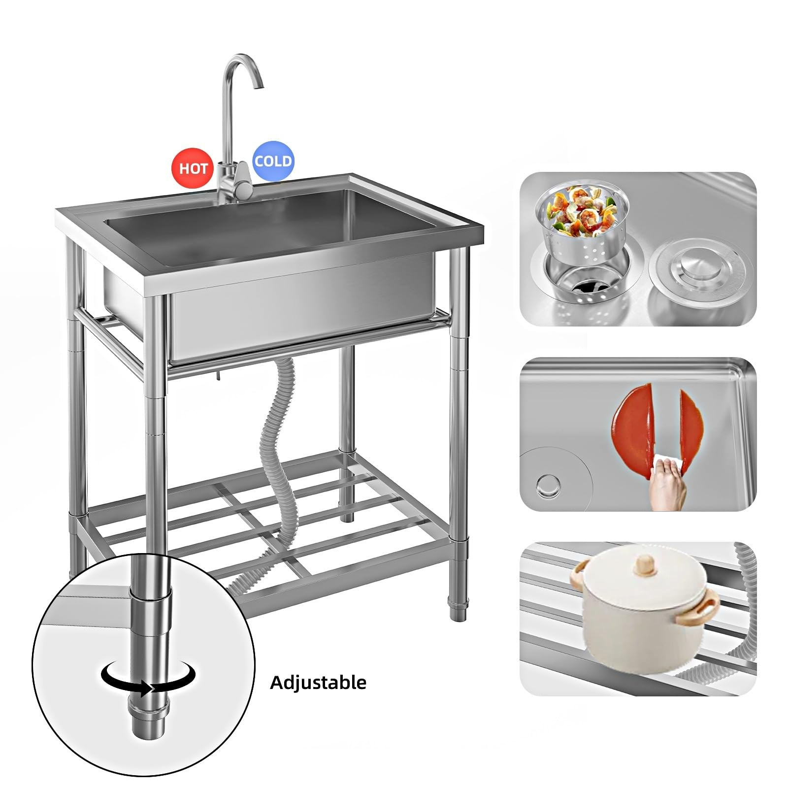 Stainless Steel Utility Sink Free Standing Single Bowl Kitchen Sink with Faucet