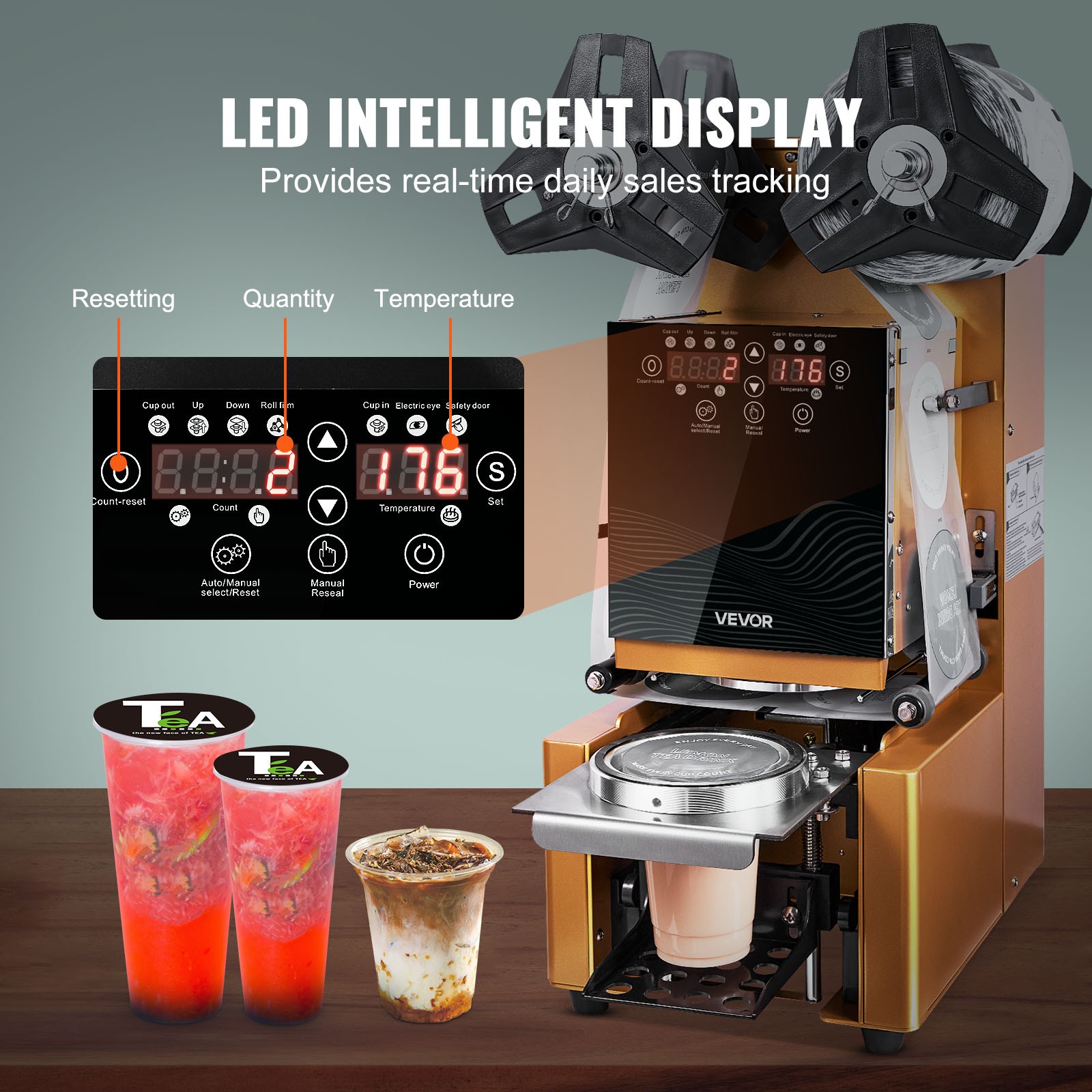 VEVOR Fully Automatic Sealing Machine Tea Cup Sealer 500-650 Cups/H 190 mm Gold