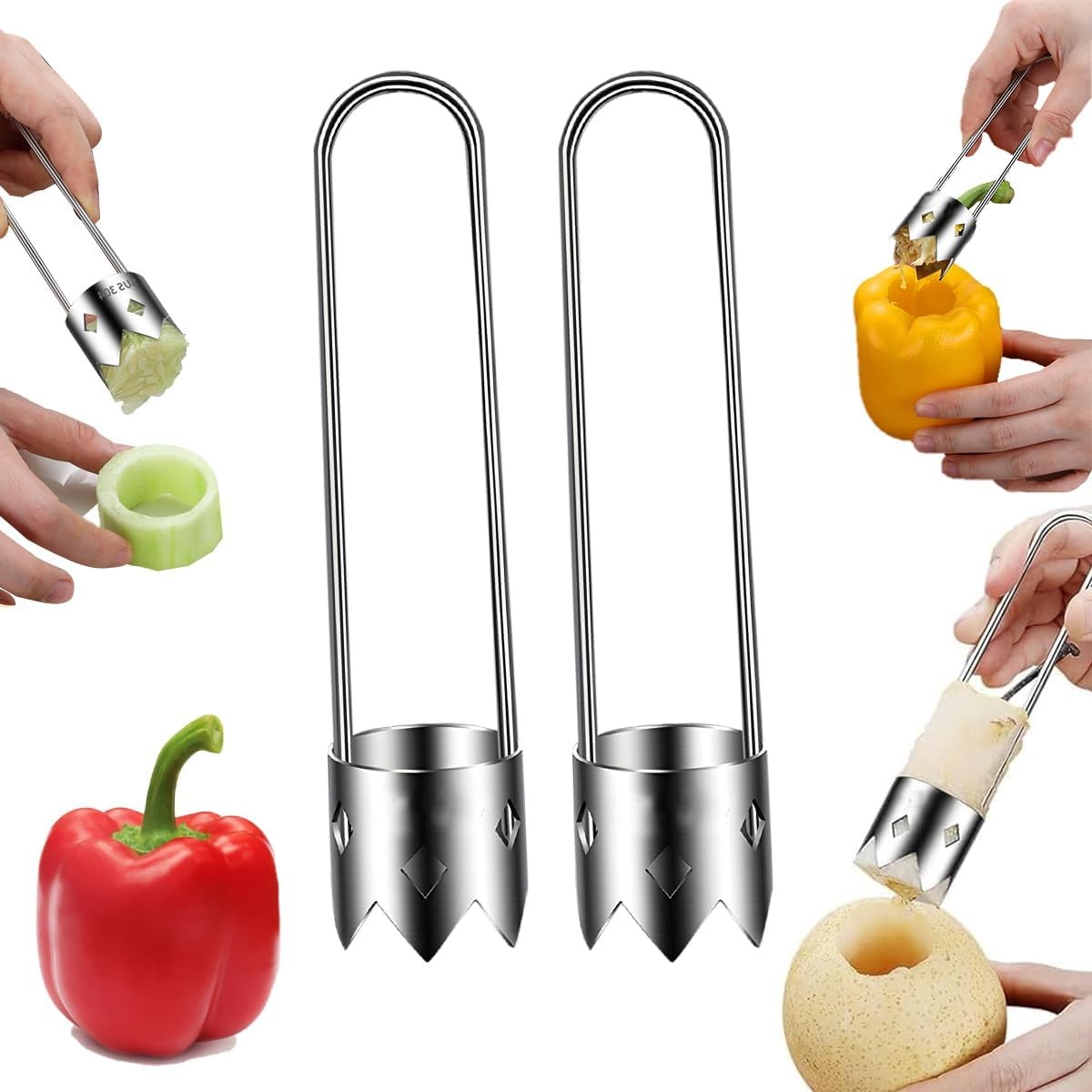 Red Bell Pepper Corer 2 PCS, Jalapeno & Apple, Stainless Steel Silver