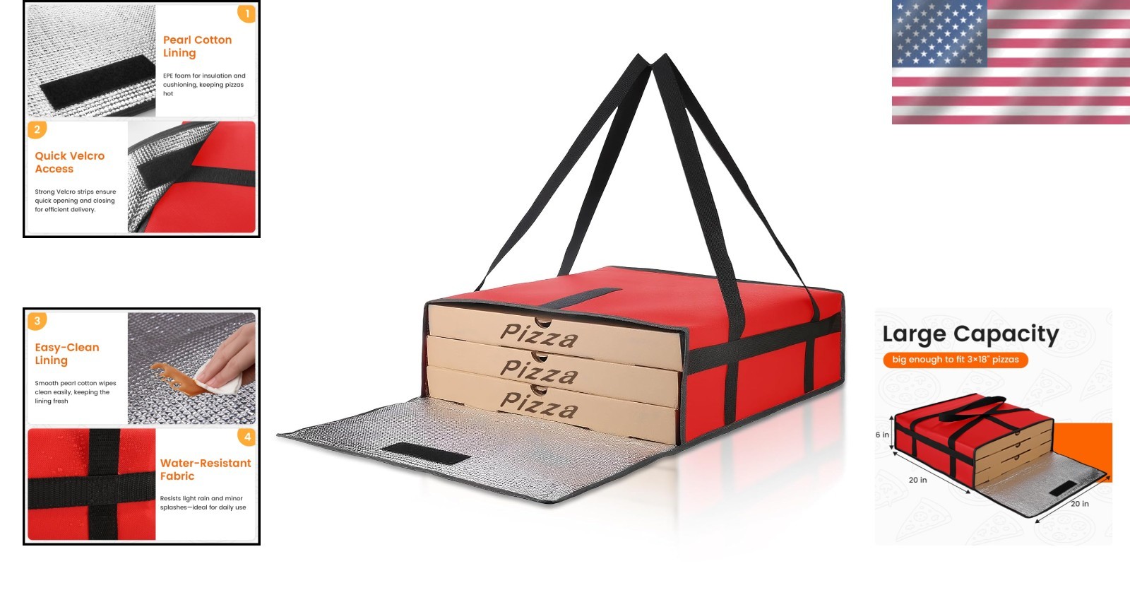 Pizza Delivery Bag with Triple-Layer Insulation – 20″ x 20″ x 6″ for Hot Meals