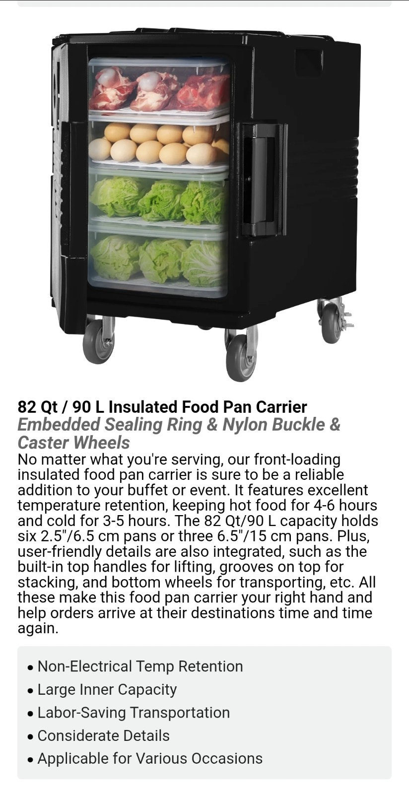 VEVOR Insulated Food Pan Carrier, 82 Qt Hot Box for Catering, LLDPE Food Box Car