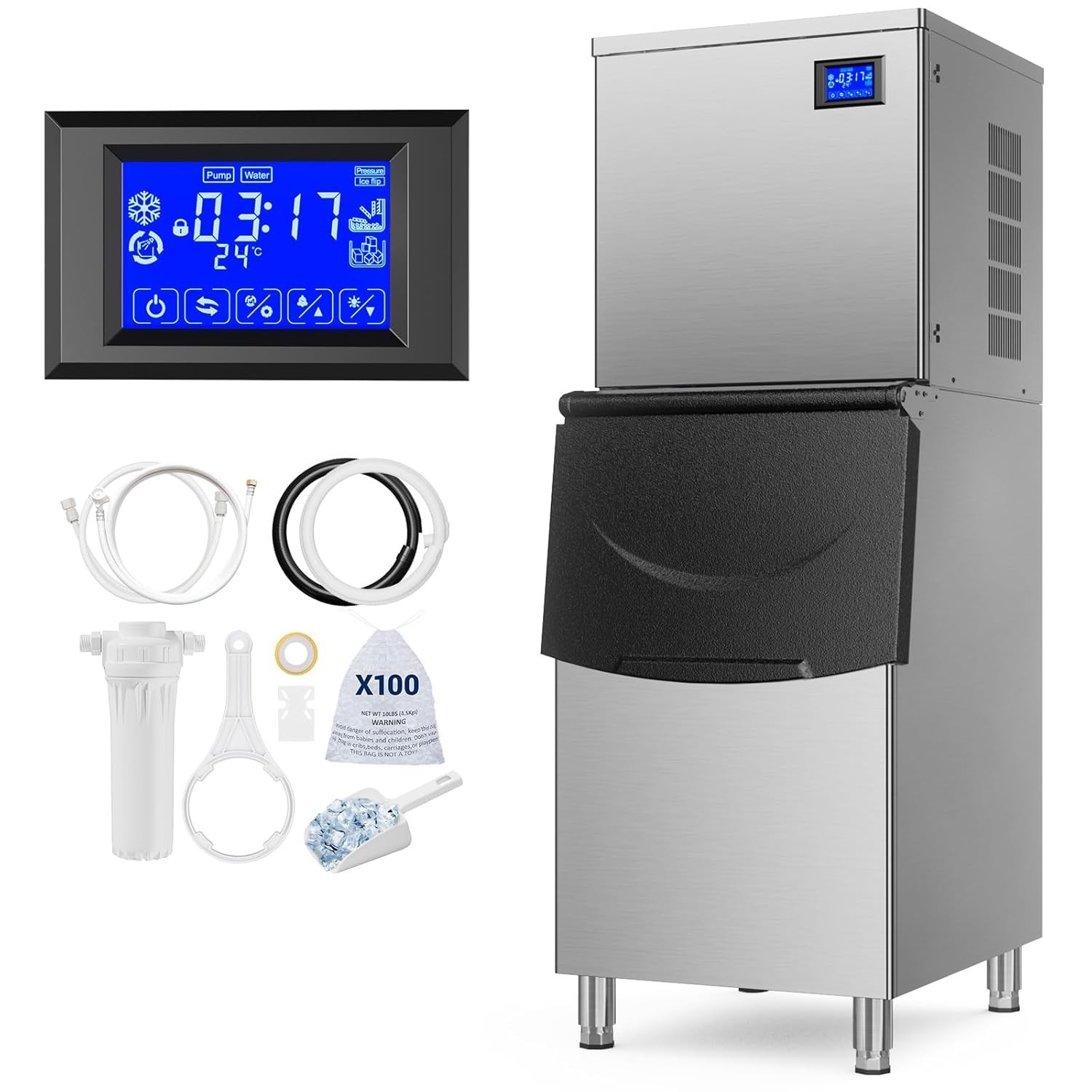 Commercial Ice Maker 550LBS/24H with 350LBS Storage Bin Auto Self-Cleaning