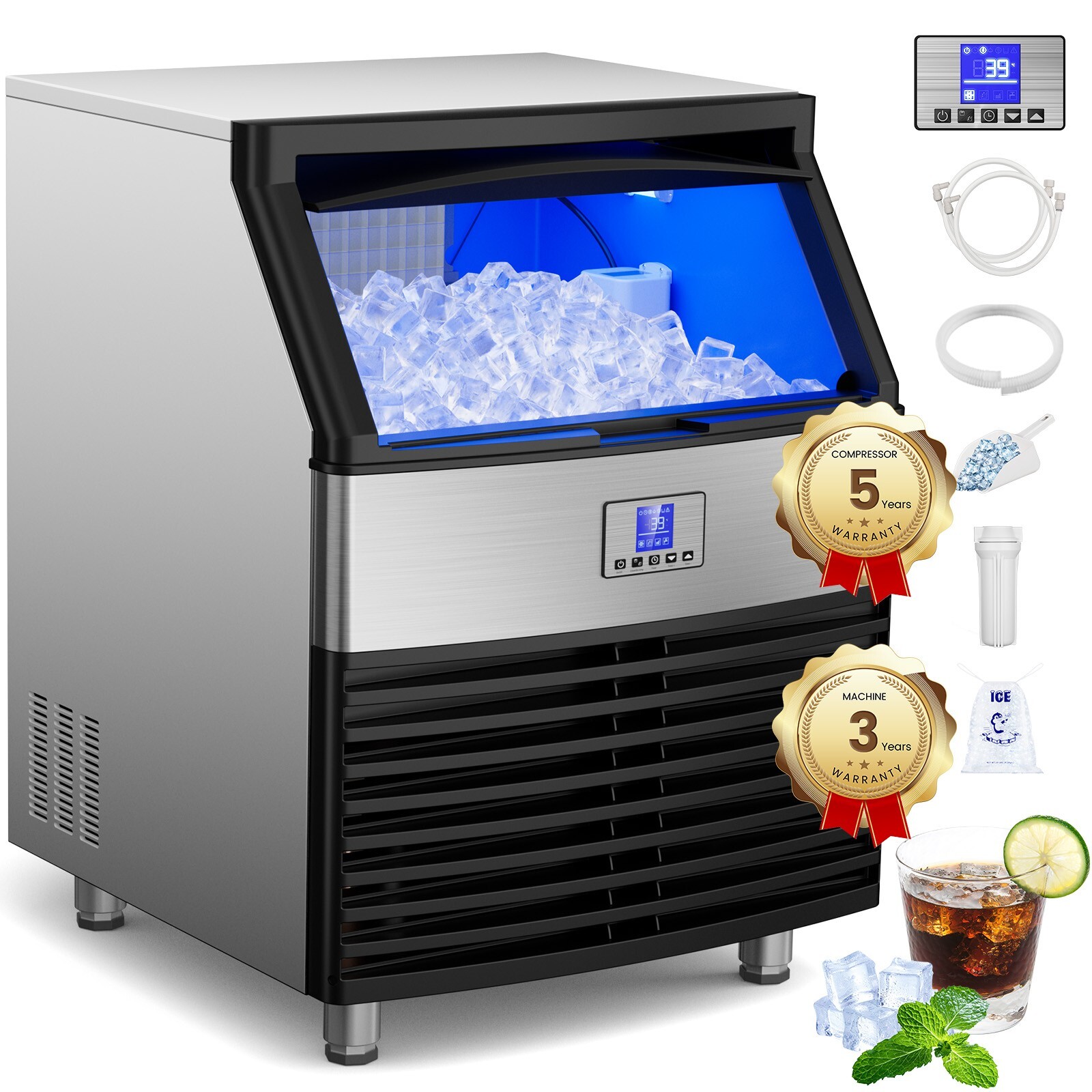 Commercial Ice Maker Machine 450LBS/24H, Stainless Steel Undercounter Ice Maker