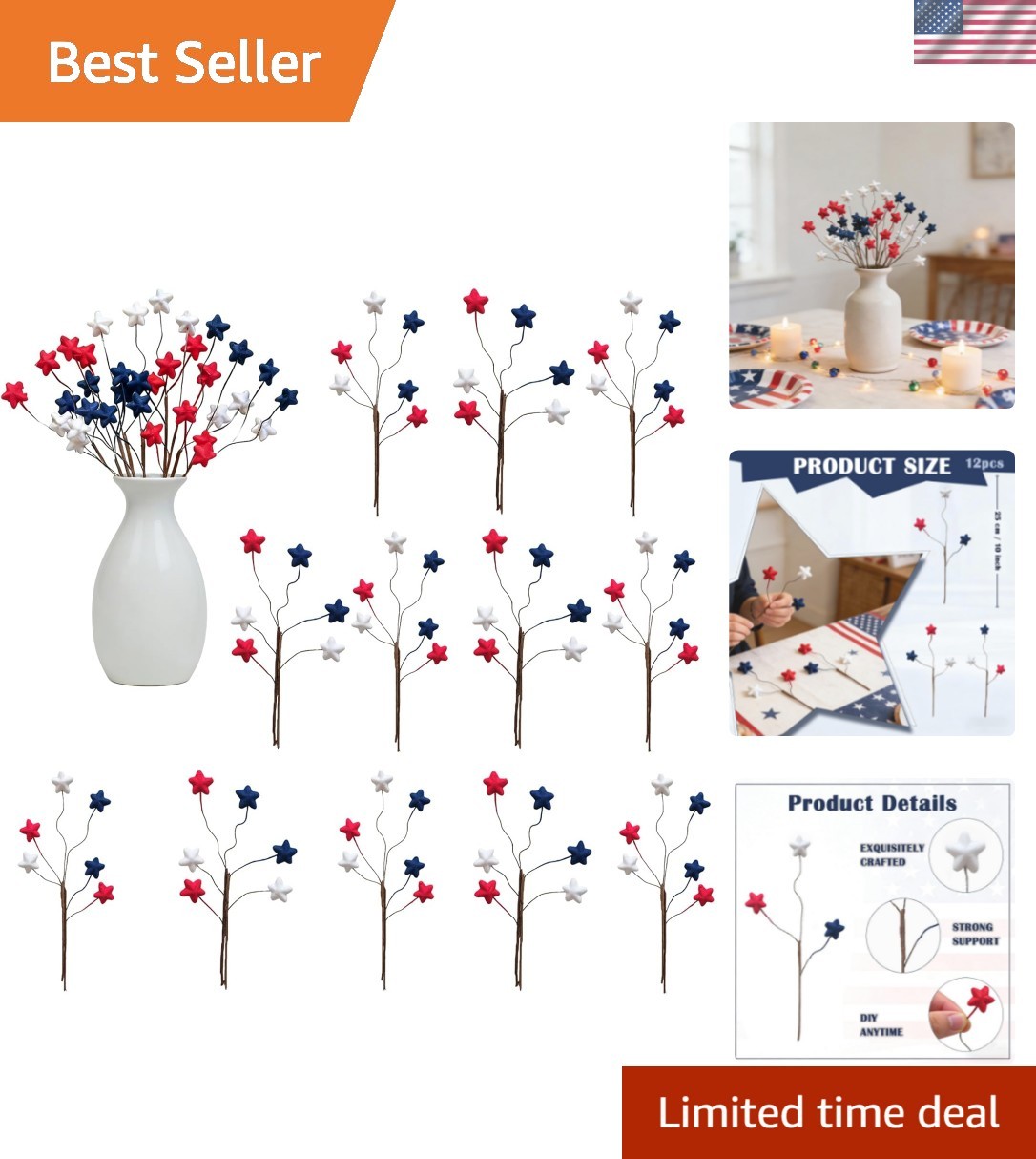 12PCS 10 Inch 4th of July Star Picks, Patriotic Flocked Artificial Berry Stem…