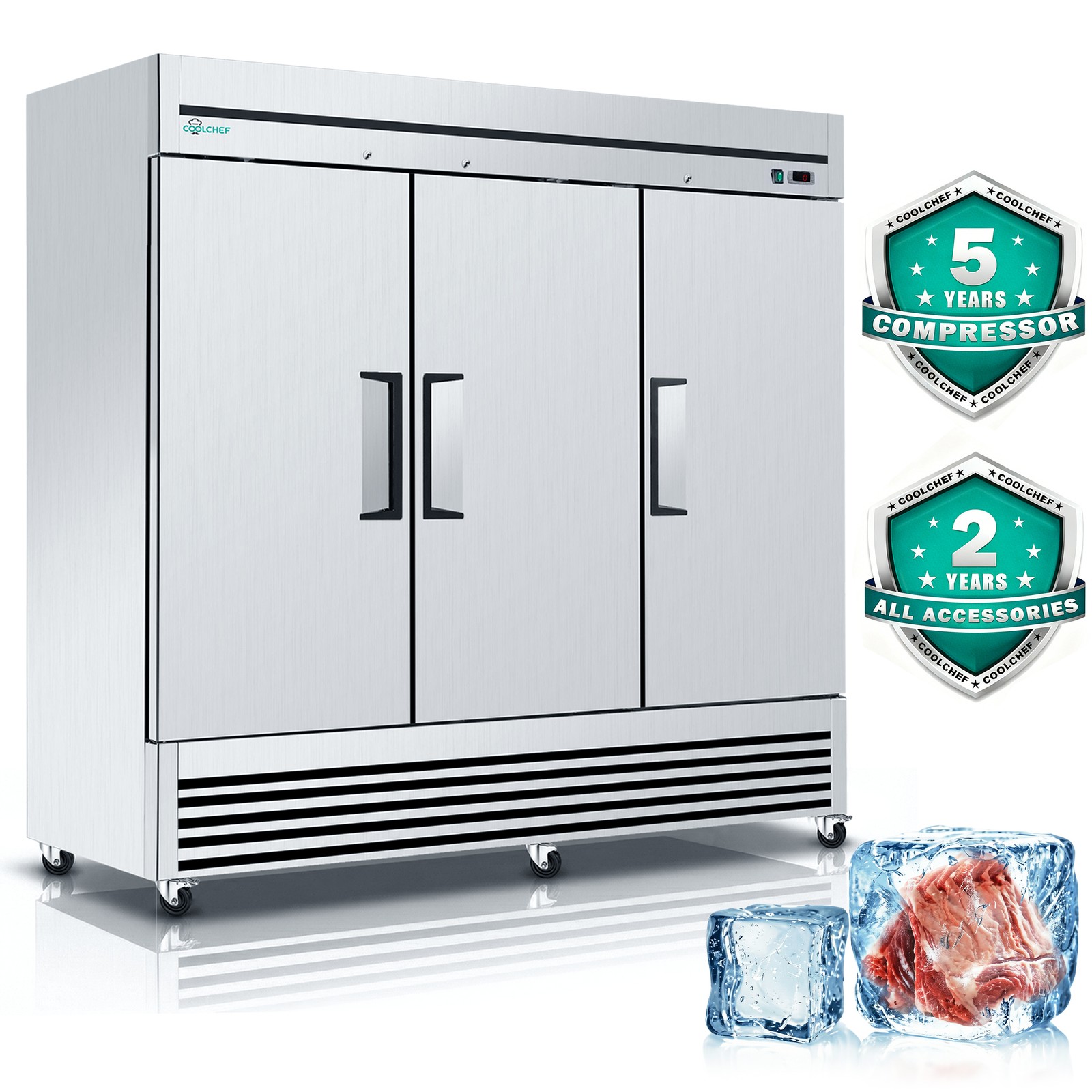 Commercial 81» Reach-In Freezer Upright Stainless Steel Solid 3 Doors 72 Cu.ft.