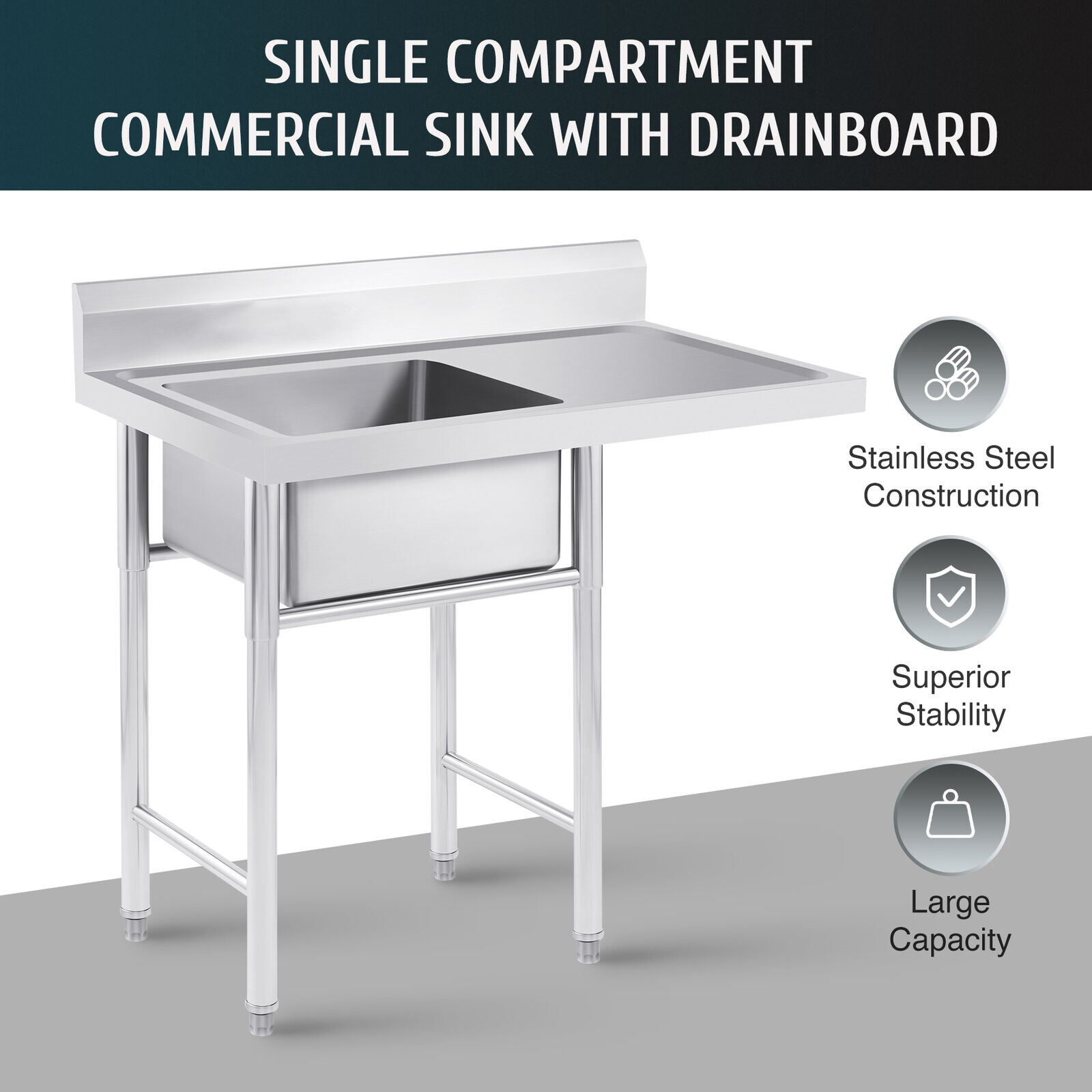 Stainless Steel Utility Sink with Drainboard and 360° Rotating Faucet