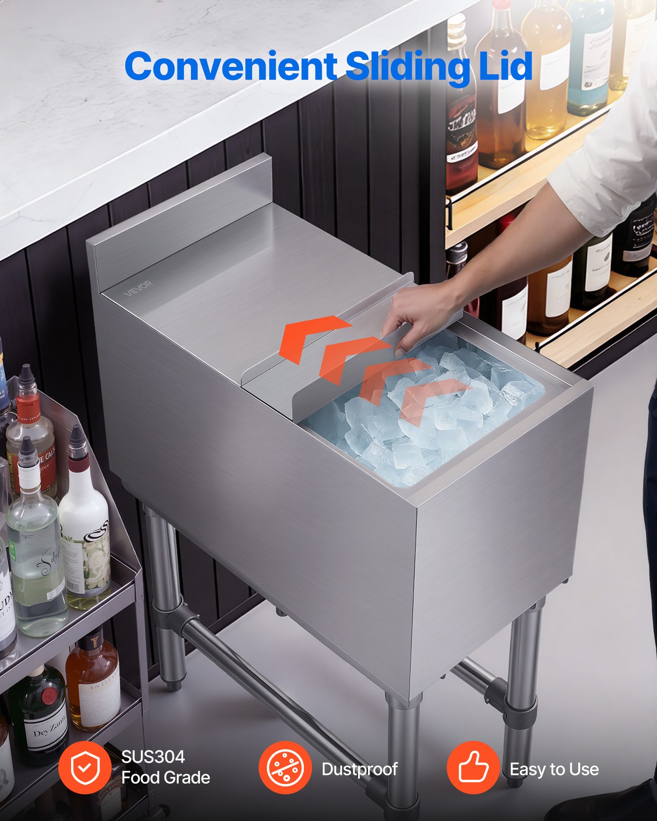 VEVOR 39.6 Qt Commercial Ice Bin 12 x 24 in Underbar Ice Bin with Sliding Lid
