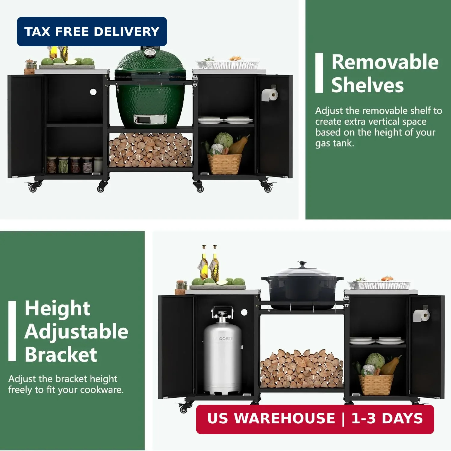 Outdoor Grill Cart for Big Green Egg, Grill Table Suitable for Various Sizes of