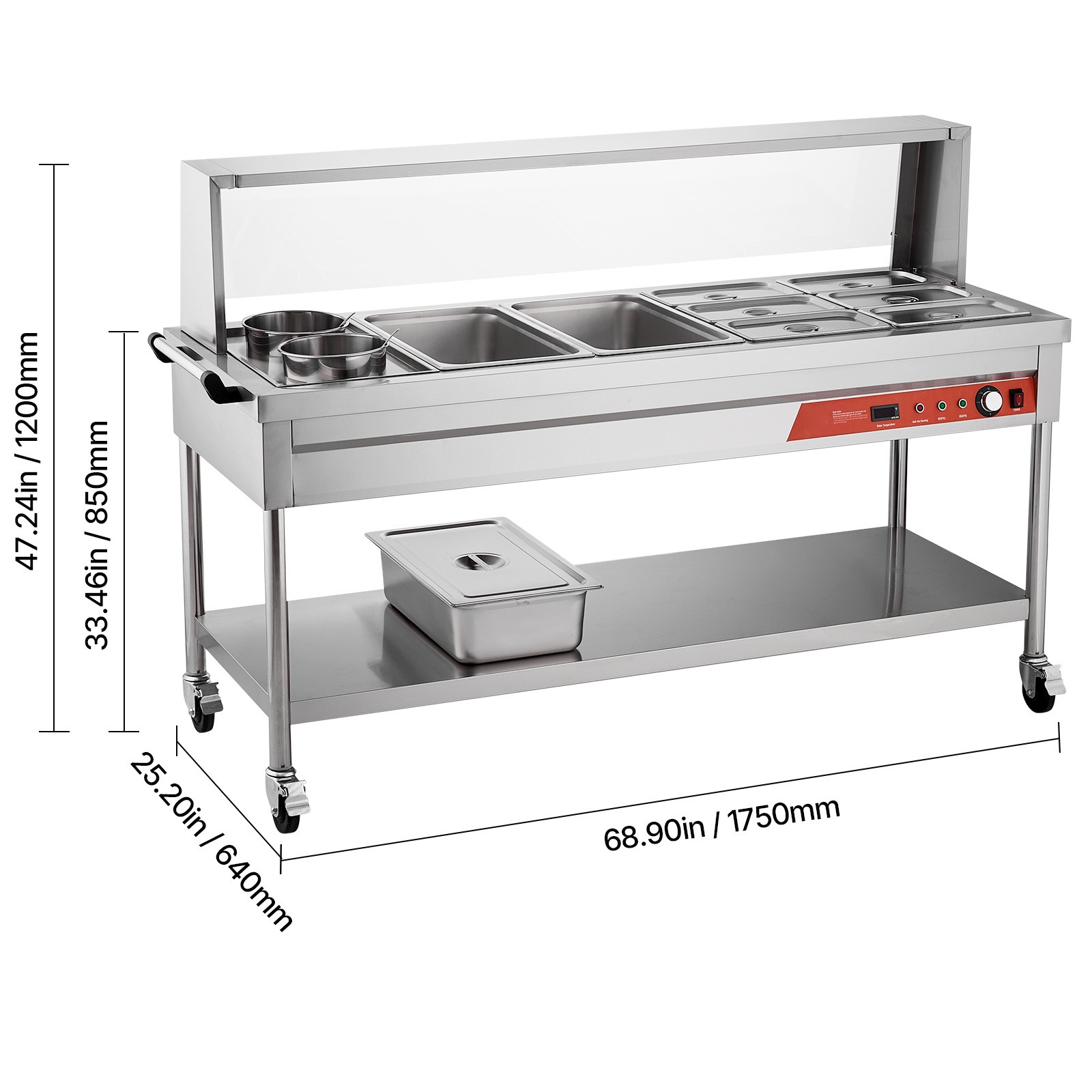 Uimoso Commercial Steam Table with 8 Pans, 2 Pots, Undershelf, and Shield