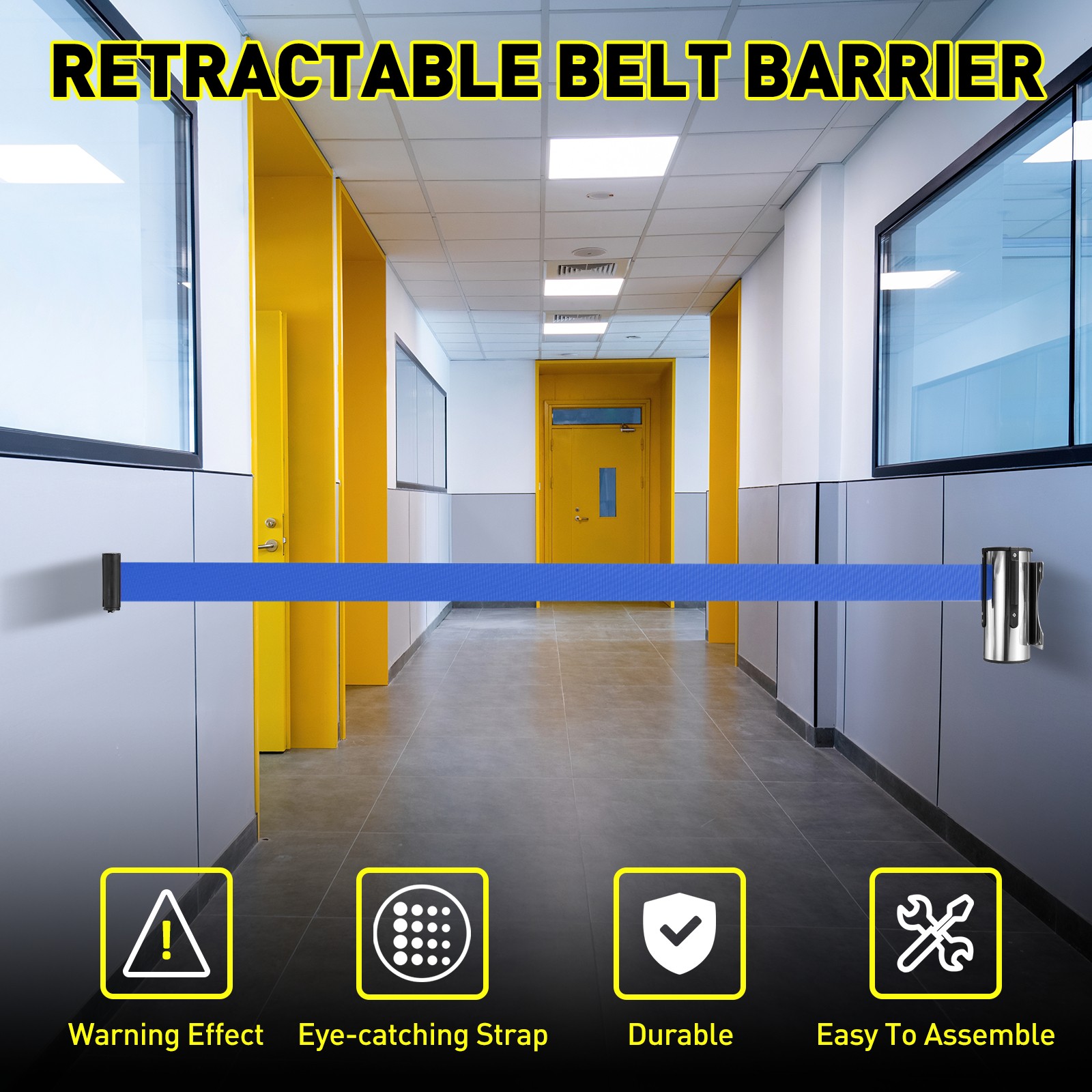 9.8 Foot Fixed Wall Mount Retractable Belt Barrier Set, Dark Blue