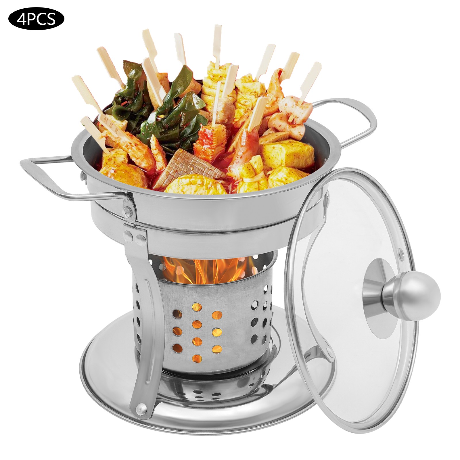 4-Pack 410 Stainless Steel 5L Chafing Dish Set with Glass Lids for Buffet