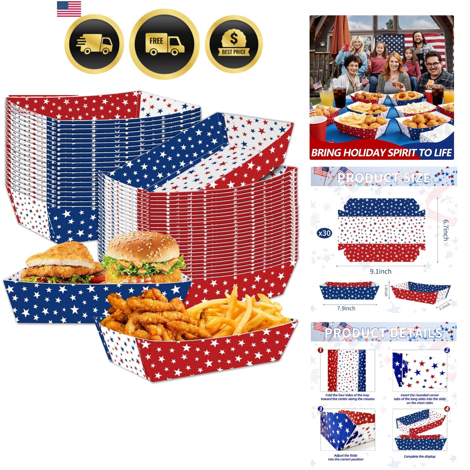 Patriotic Food Trays Disposable Paper Boats Snacks 30 Pack Red White Blue