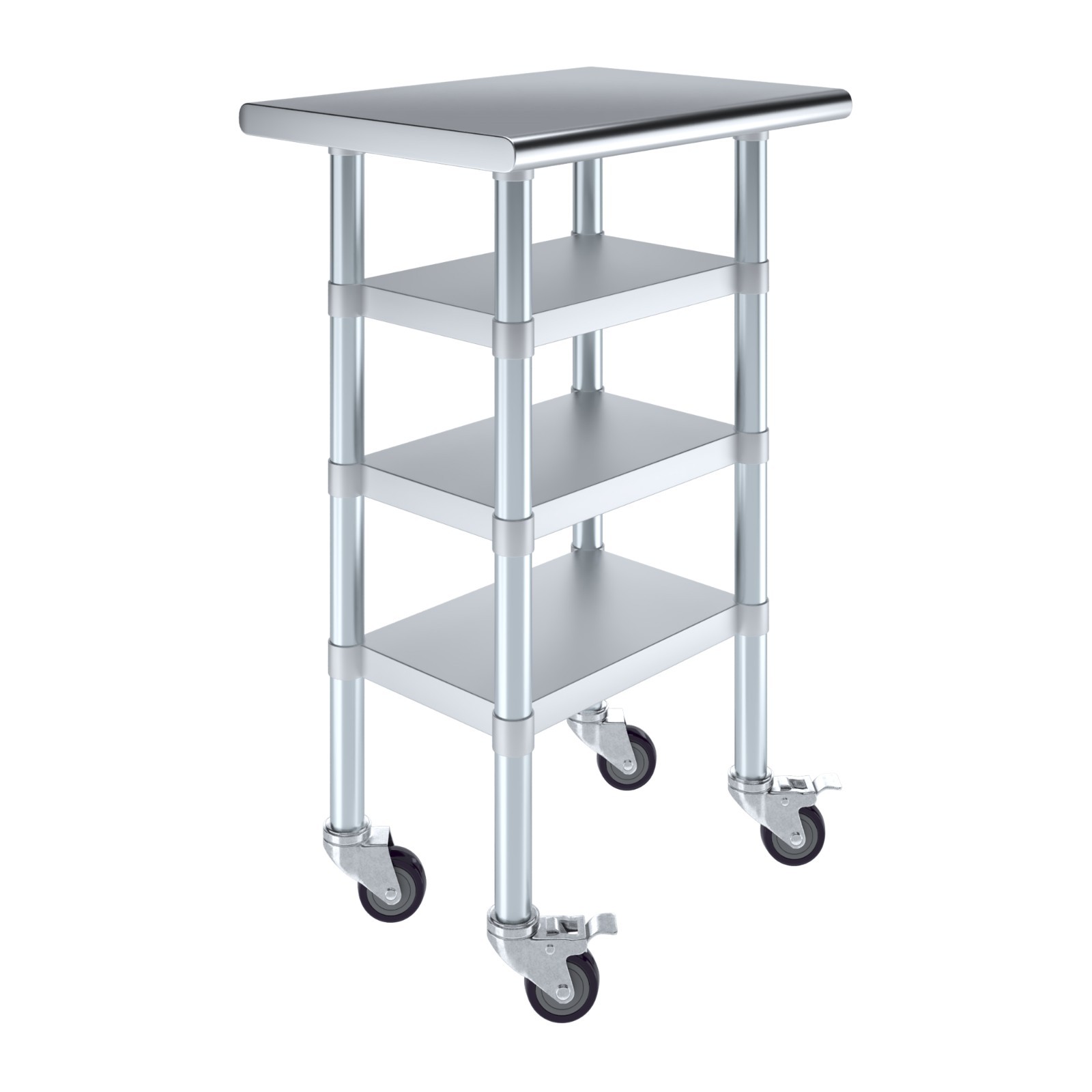 Stainless Steel Work Table with 3 Shelves and Wheels | Metal Utility Table