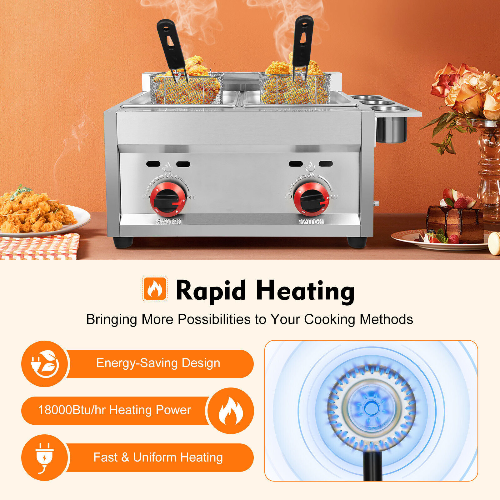 Countertop Gas Deep Fryer Propane Gas Stainless Steel Outdoor Use Round 2 Burner