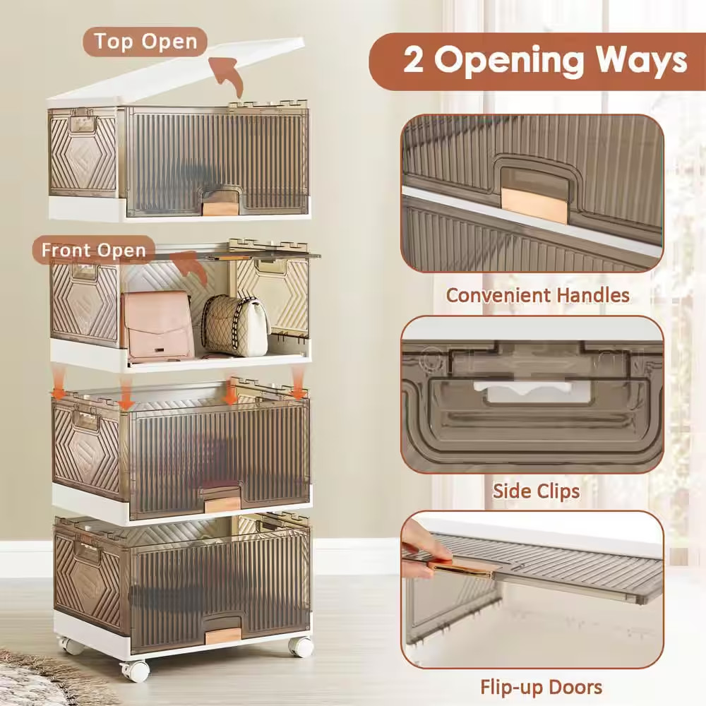 18 Gal. 4-Cube Stackable Storage Bins in White and Brown with Detachable Wheels