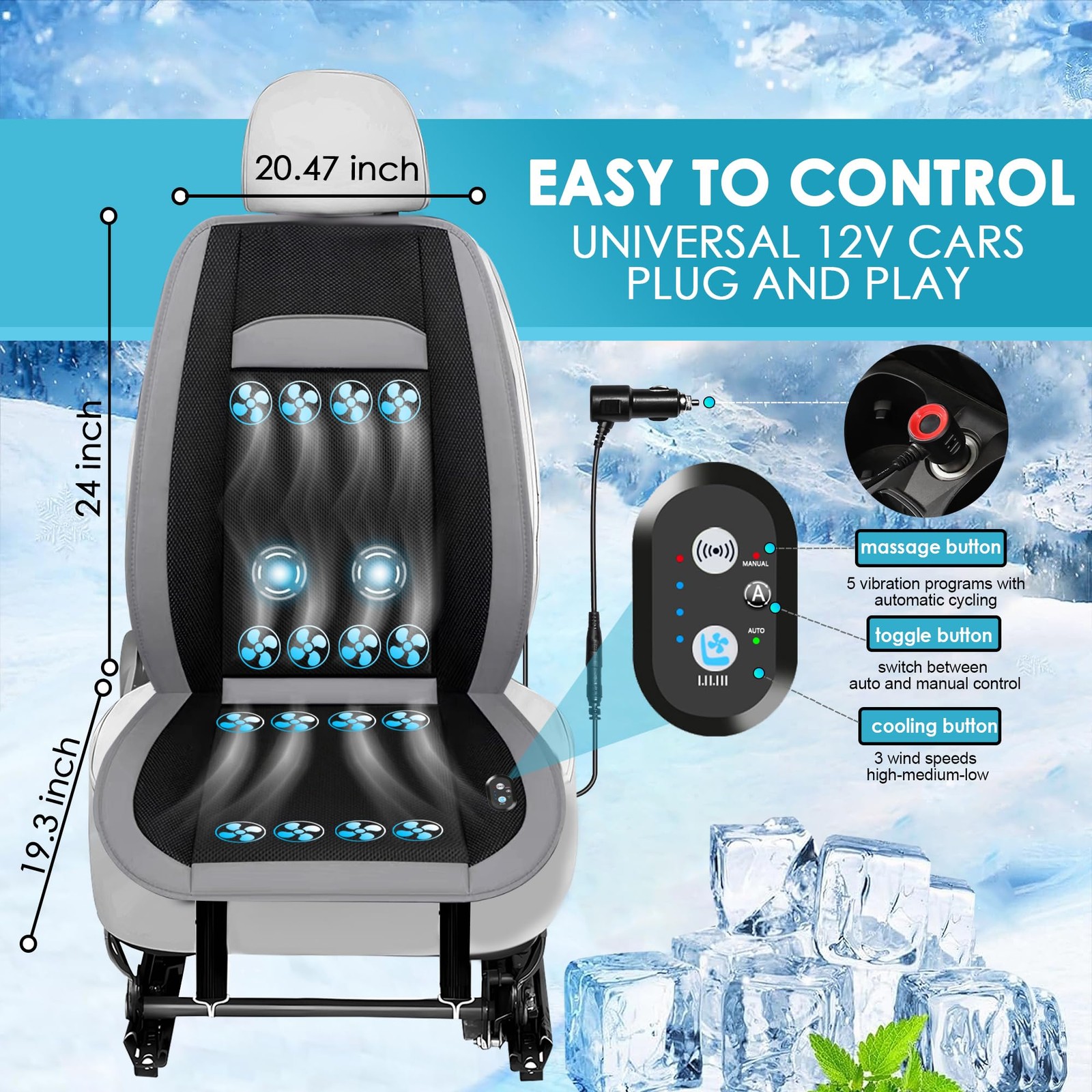 12V Car Seat Cooler Massage 16 Fans Ventilated Smart Start Pause Gray