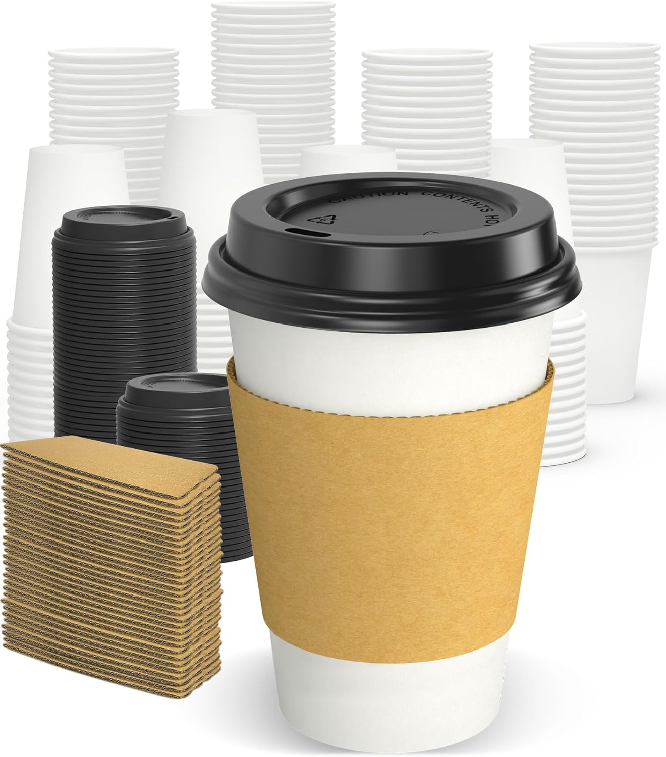 100 Pack 12 oz Disposable Coffee Cups with Lids and Sleeves – Leak Free Hot Cups