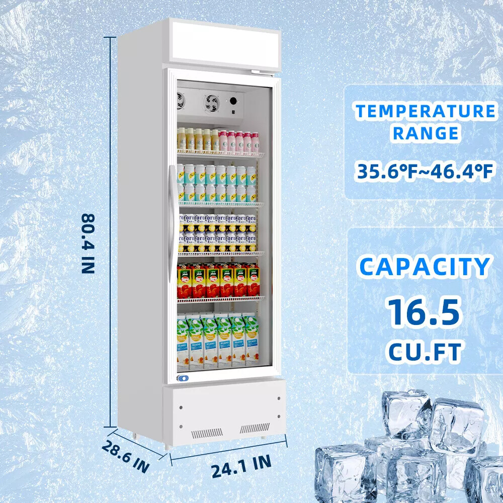 Merchandiser Refrigerator Glass Door Upright Beverage Cooler 16.5 Cu.Ft Display