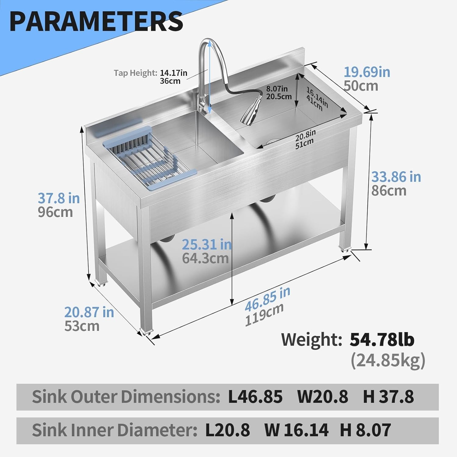 47Inch Double Bowl Stainless Steel Utility Kitchen Sink for Restaurant Outdoor