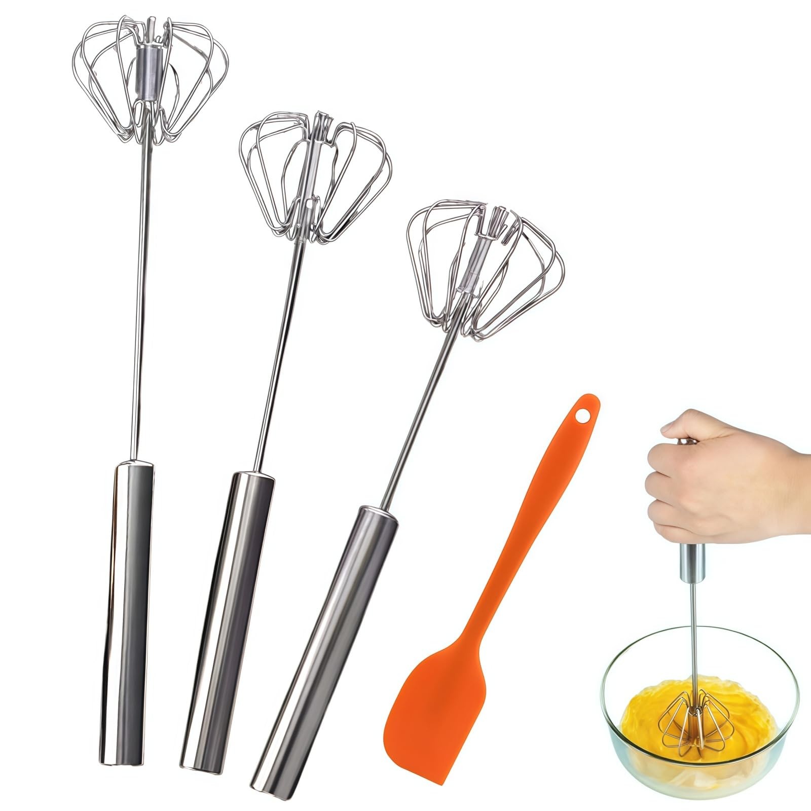 3Pcs Egg Whisk Hand Push Rotary Whisks,Semi Automatic Mixer 3 size, Silver