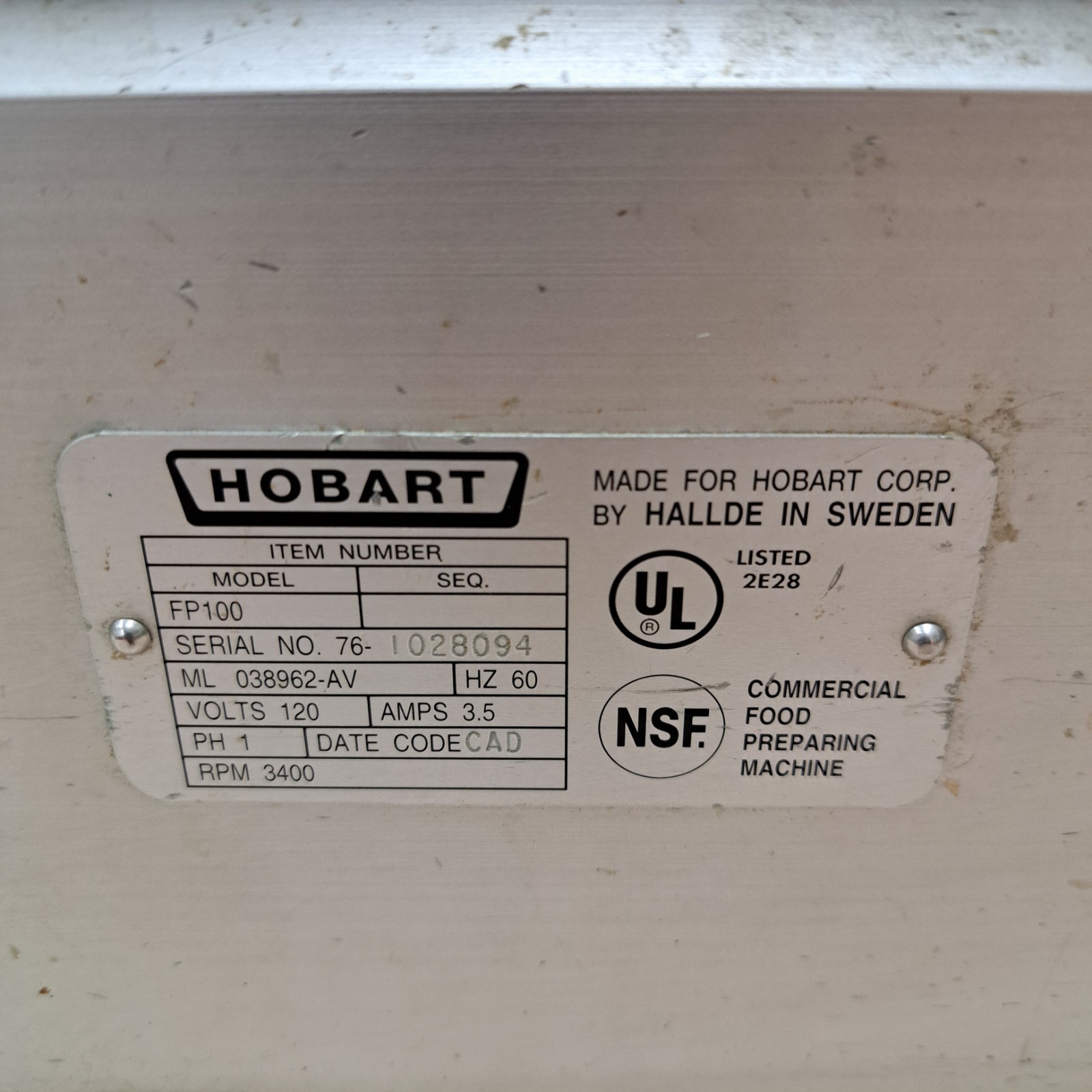 Hobart FP100-1 Continuous Feed Food Processor – 3400 RPM