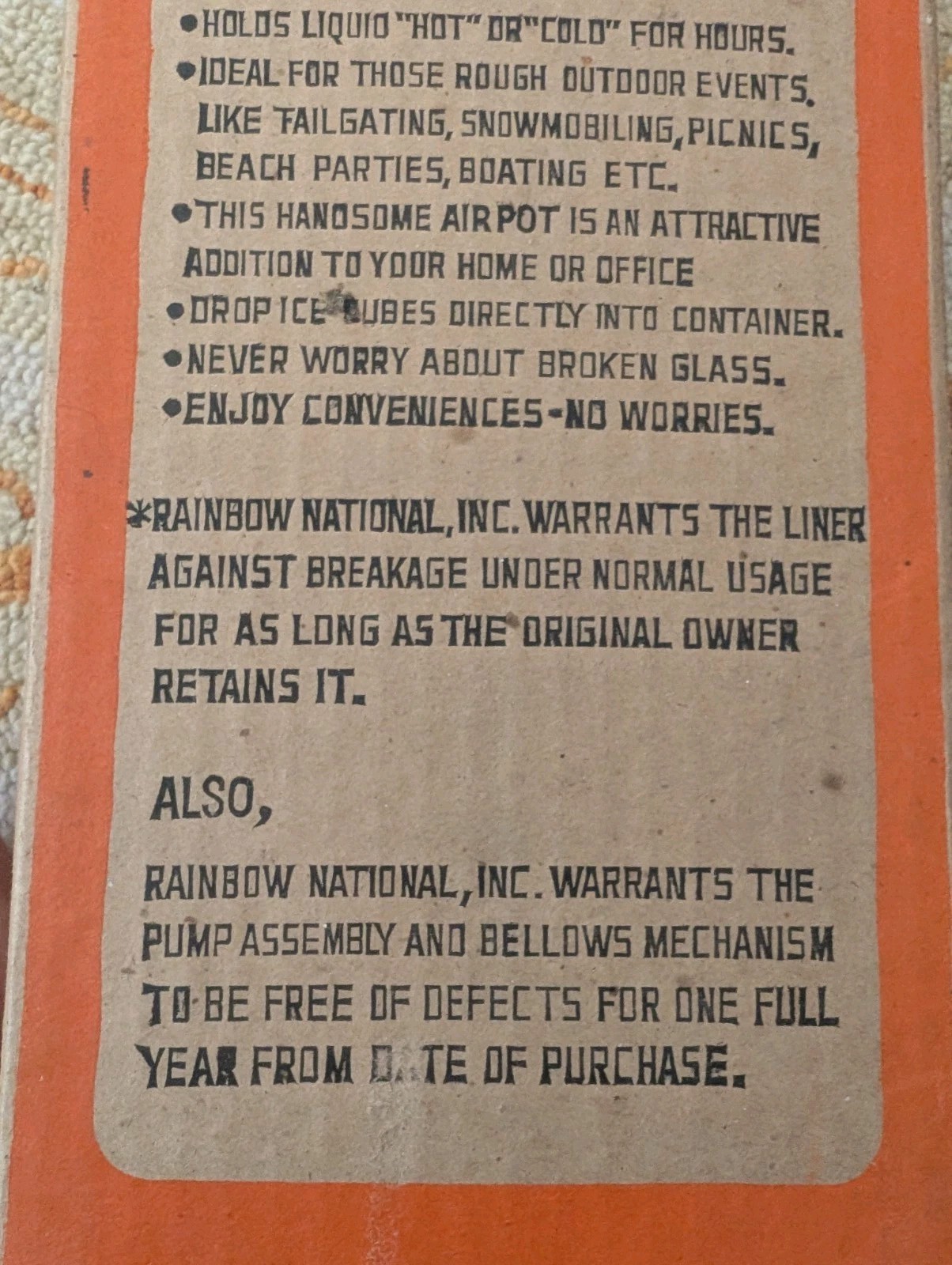 RAINBOW NATIONAL Unbreakable AIRPOT Coffee Drink Dispenser Hot Cold Liquids VTG