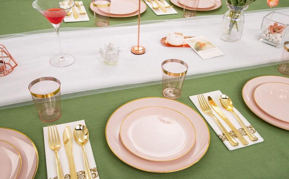 210Pcs Plastic Pink Plates with Gold Plastic Silverware Set Include 30Pink